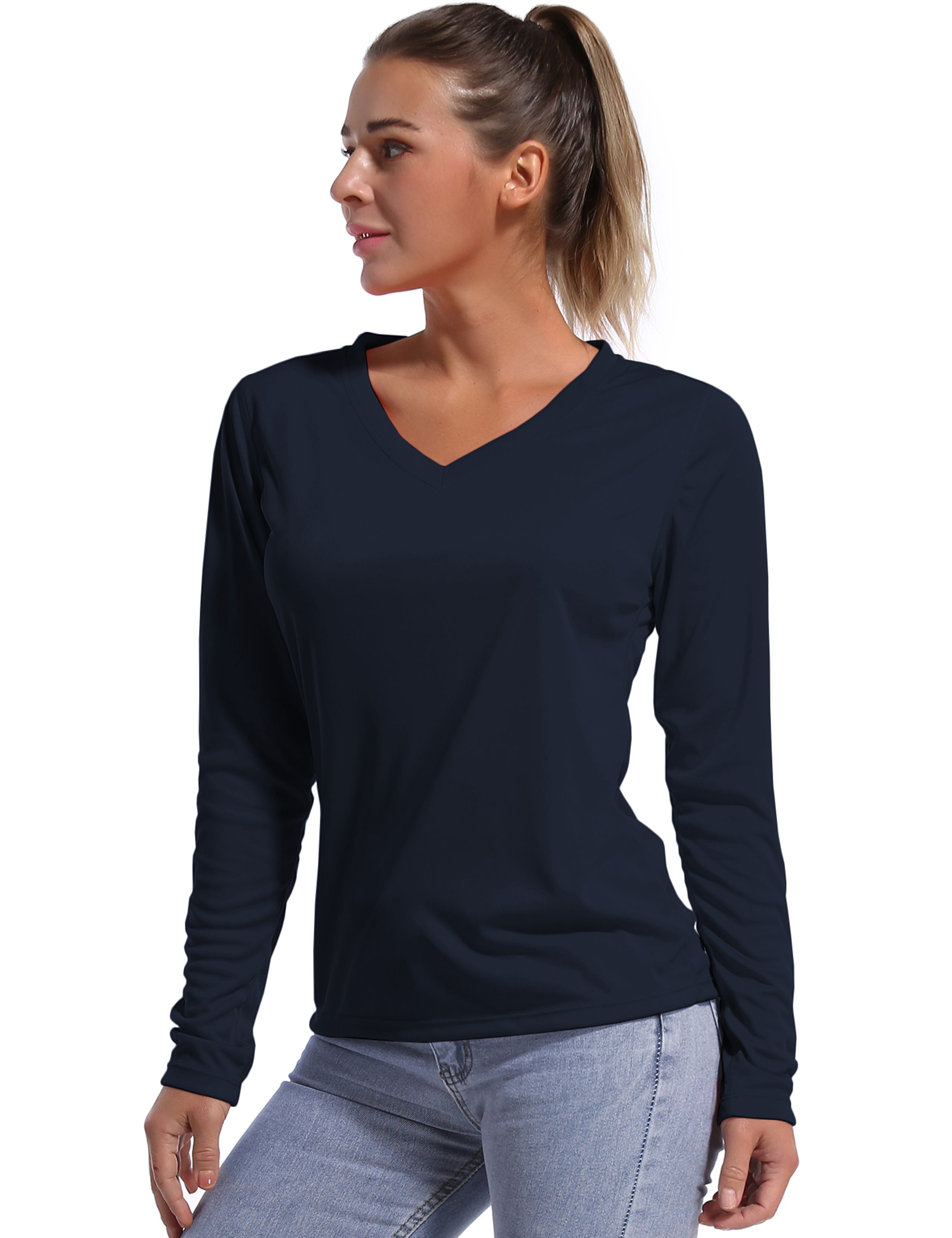 V Neck Long Sleeve Athletic Shirts darknavy_Tall Size