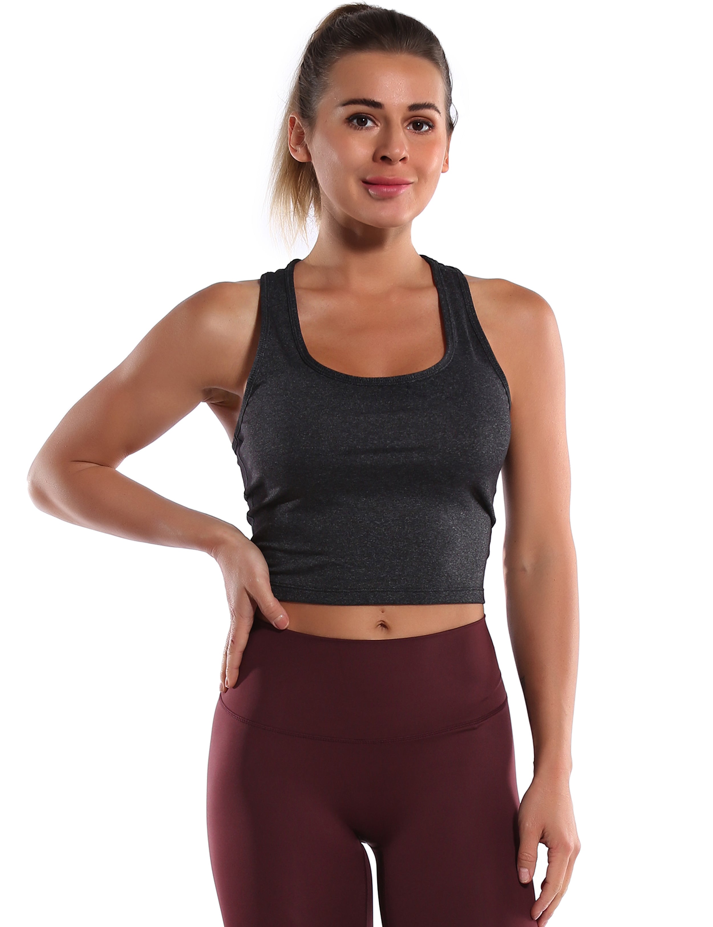 Racerback Athletic Crop Tank Tops heathercharcoal 92%Nylon/8%Spandex(Cotton Soft) Designed for yogastudio Tight Fit So buttery soft, it feels weightless Sweat-wicking Four-way stretch Breathable Contours your body Sits below the waistband for moderate, everyday coverage