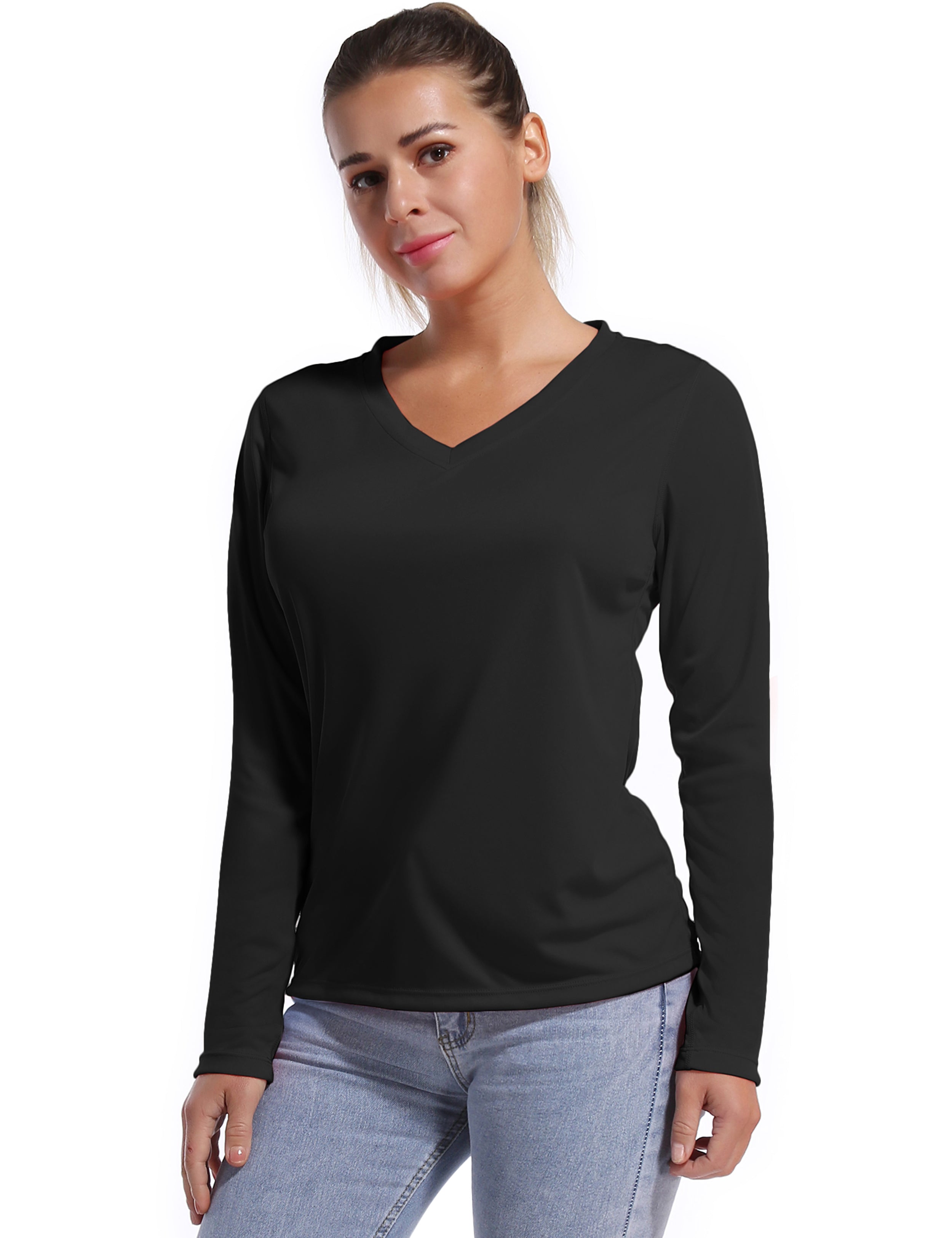 V Neck Long Sleeve Athletic Shirts black_Gym