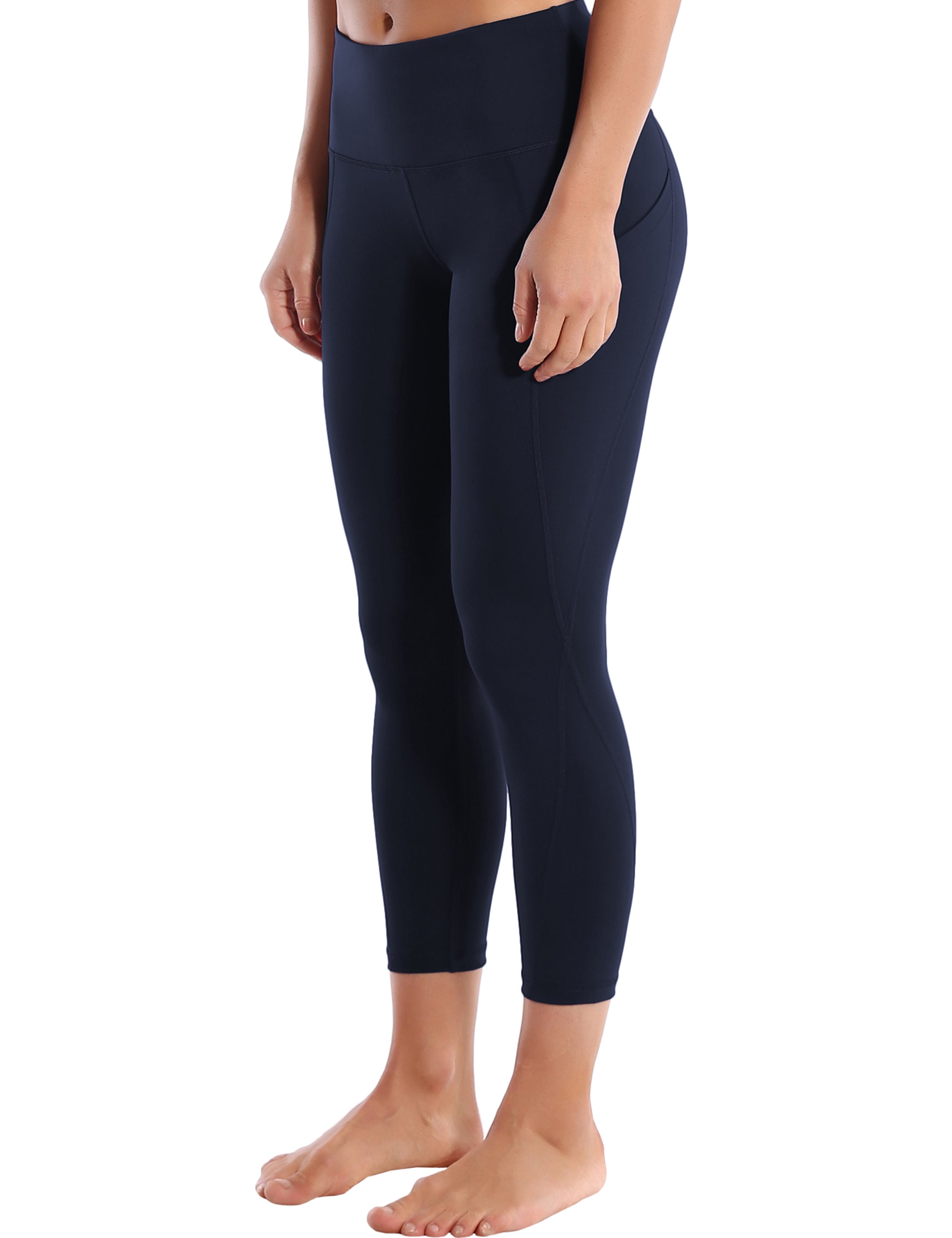 22" High Waist Side Pockets Capris darknavy 75%Nylon/25%Spandex Fabric doesn't attract lint easily 4-way stretch No see-through Moisture-wicking Tummy control Inner pocket