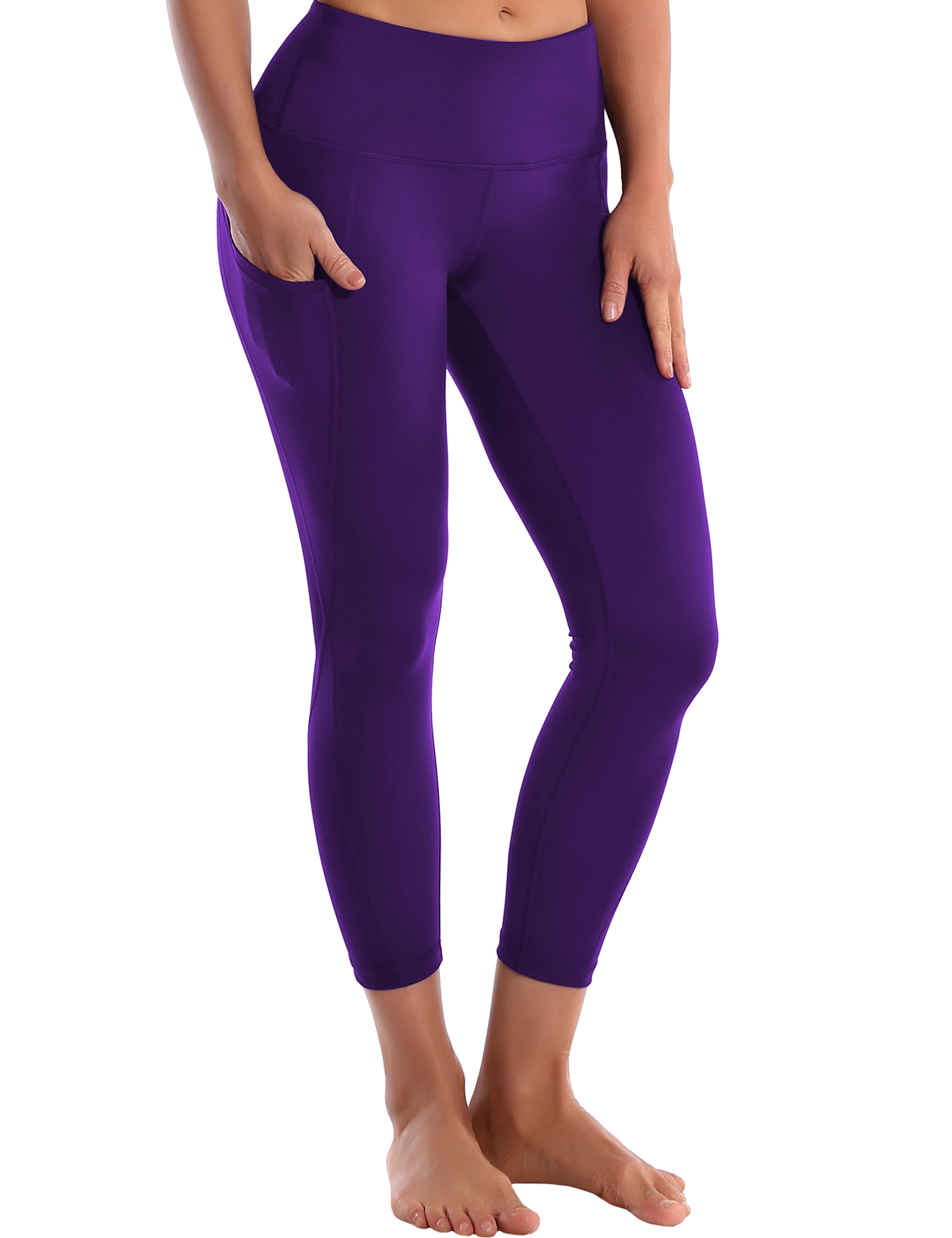 22" High Waist Side Pockets Capris eggplantpurple 75%Nylon/25%Spandex Fabric doesn't attract lint easily 4-way stretch No see-through Moisture-wicking Tummy control Inner pocket