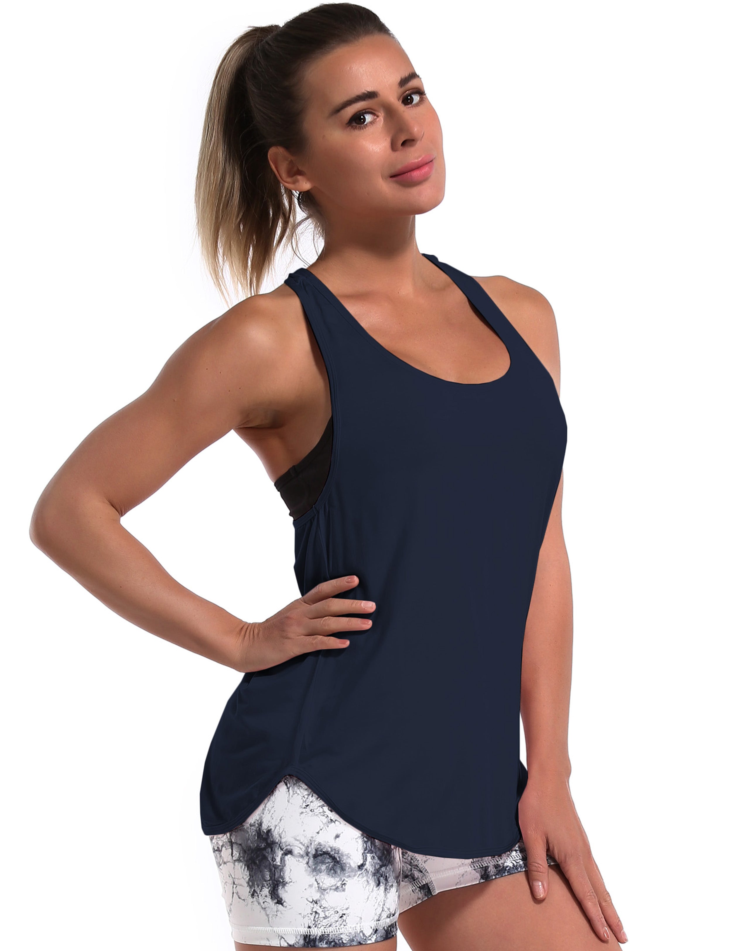 Loose Fit Racerback Tank Top darknavy Designed for On the Move Loose fit 93%Modal/7%Spandex Four-way stretch Naturally breathable Super-Soft, Modal Fabric