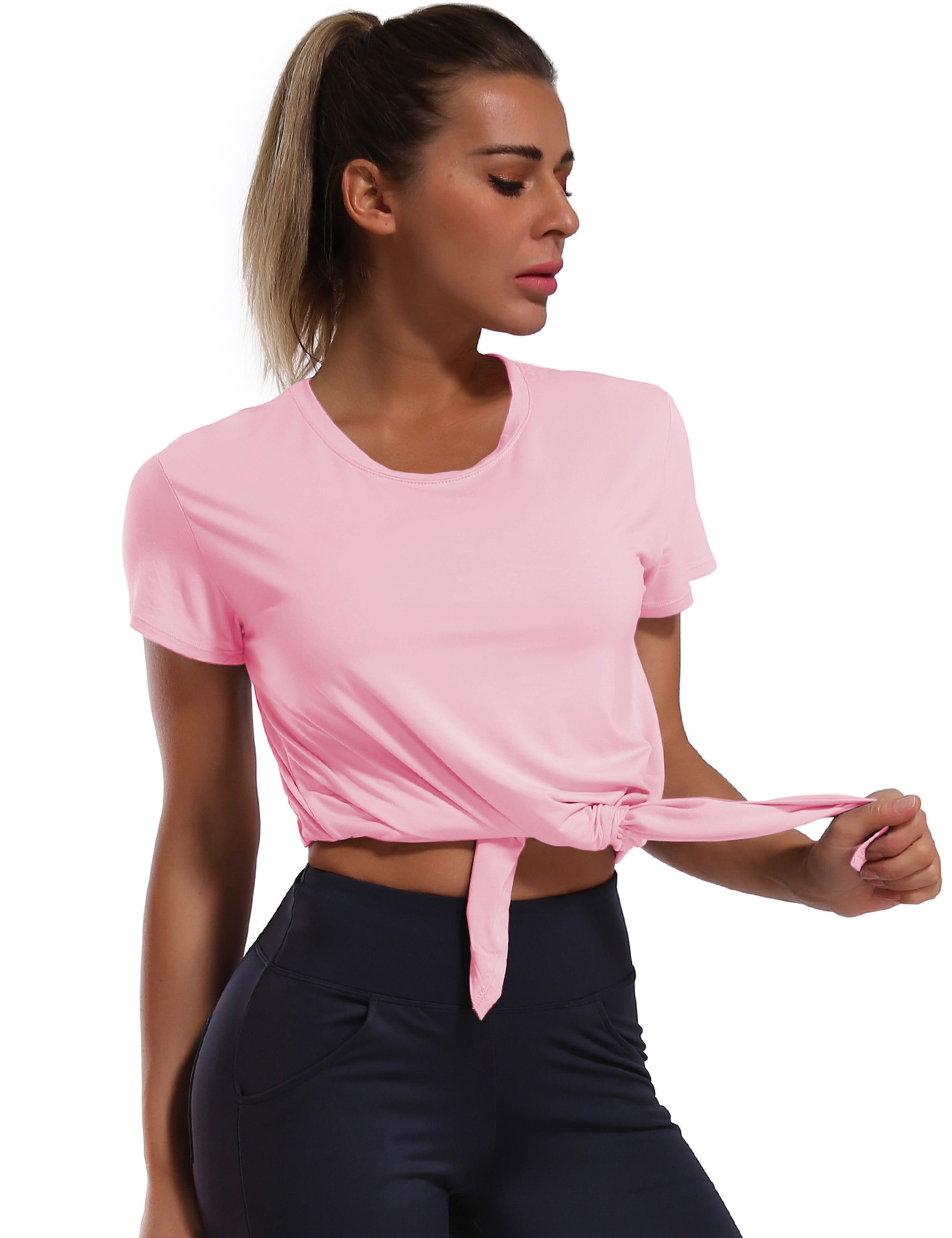 Tie Up Crop Top Short Sleeve T-Shirt lightpink_Tall Size