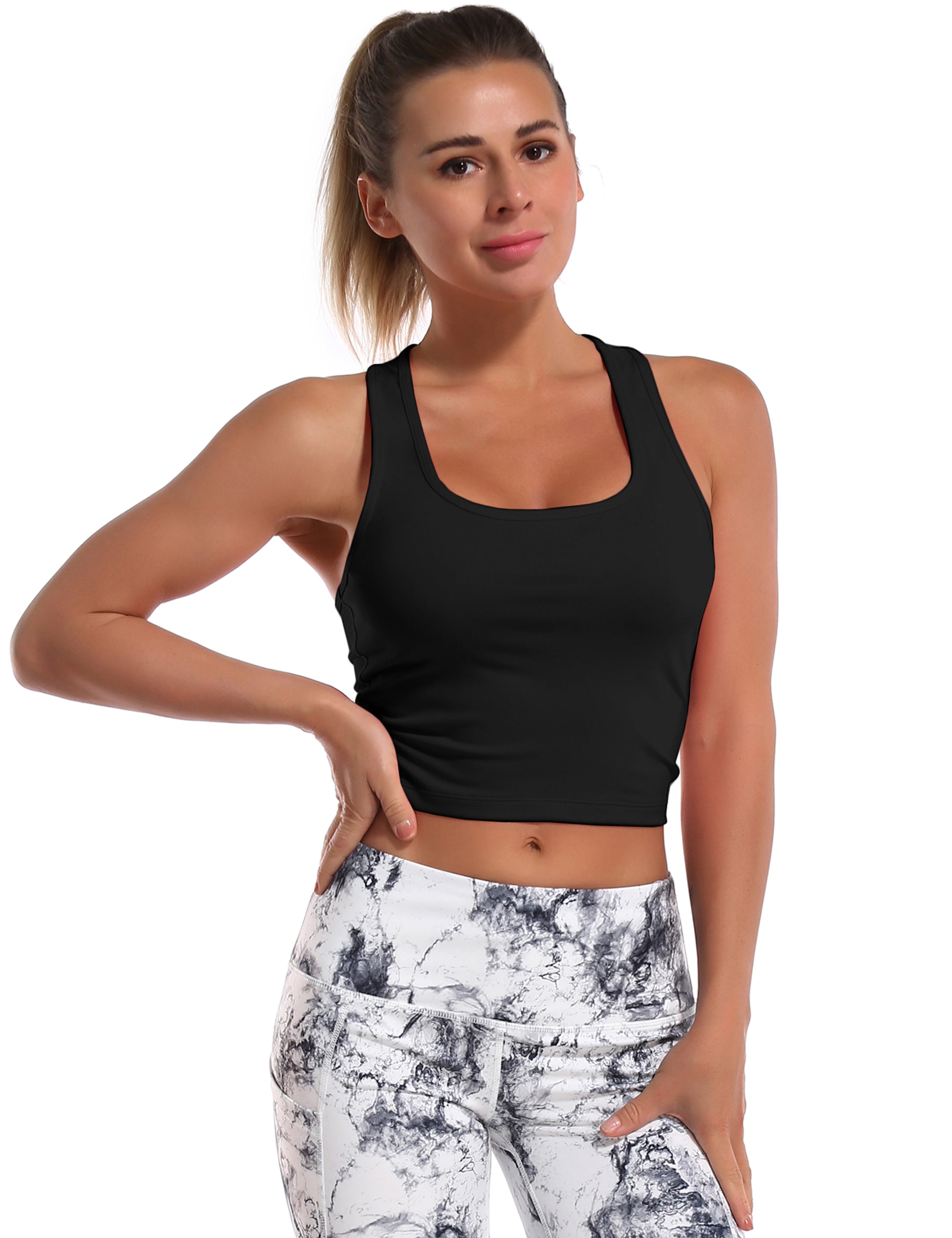 Racerback Athletic Crop Tank Tops black 92%Nylon/8%Spandex(Cotton Soft) Designed for Biking Tight Fit So buttery soft, it feels weightless Sweat-wicking Four-way stretch Breathable Contours your body Sits below the waistband for moderate, everyday coverage