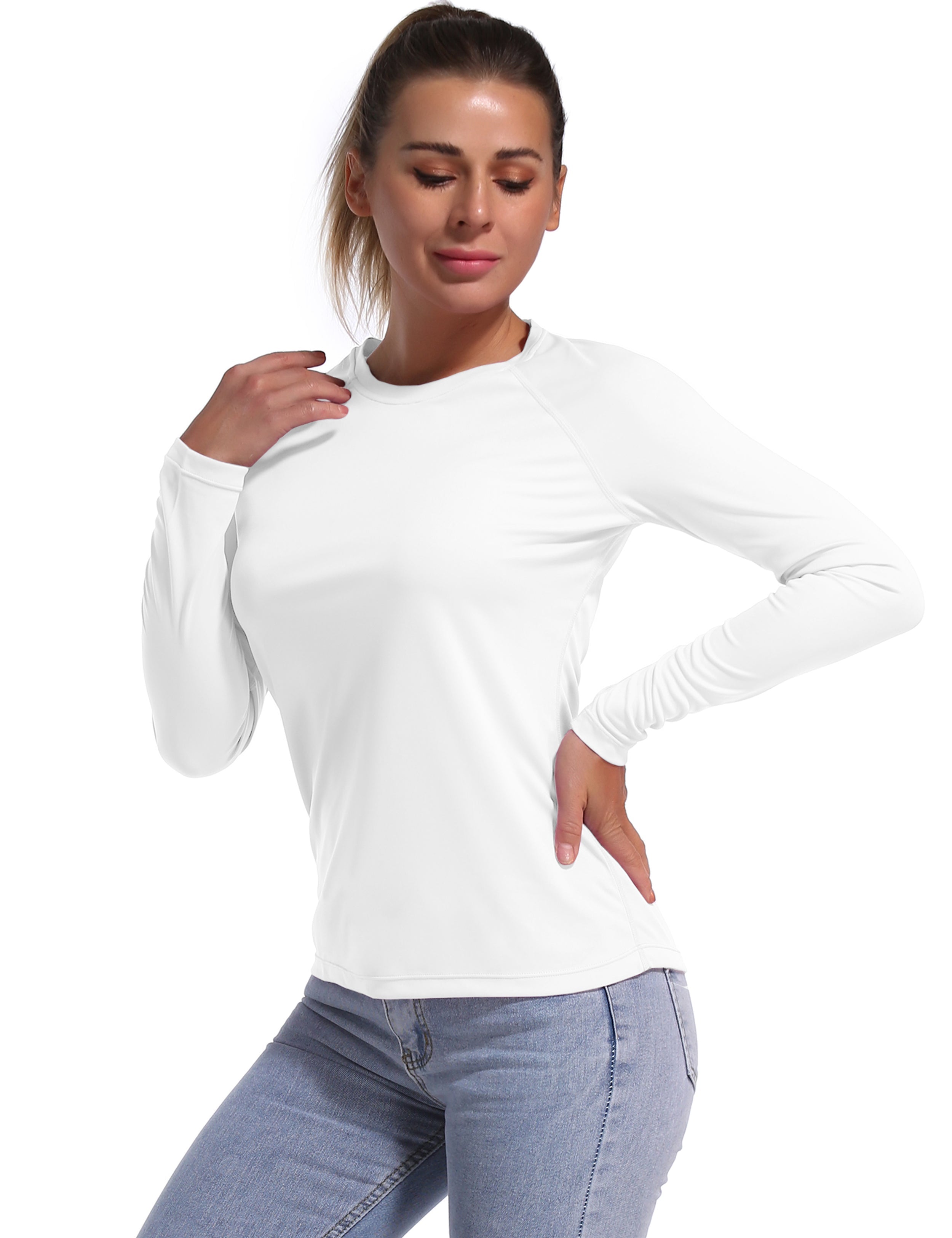 Long Sleeve Athletic Shirts white 100% polyester Lightweight Slim Fit UPF 50+ blocks sun's harmful rays Treated to wick moisture, dries ultra-fast