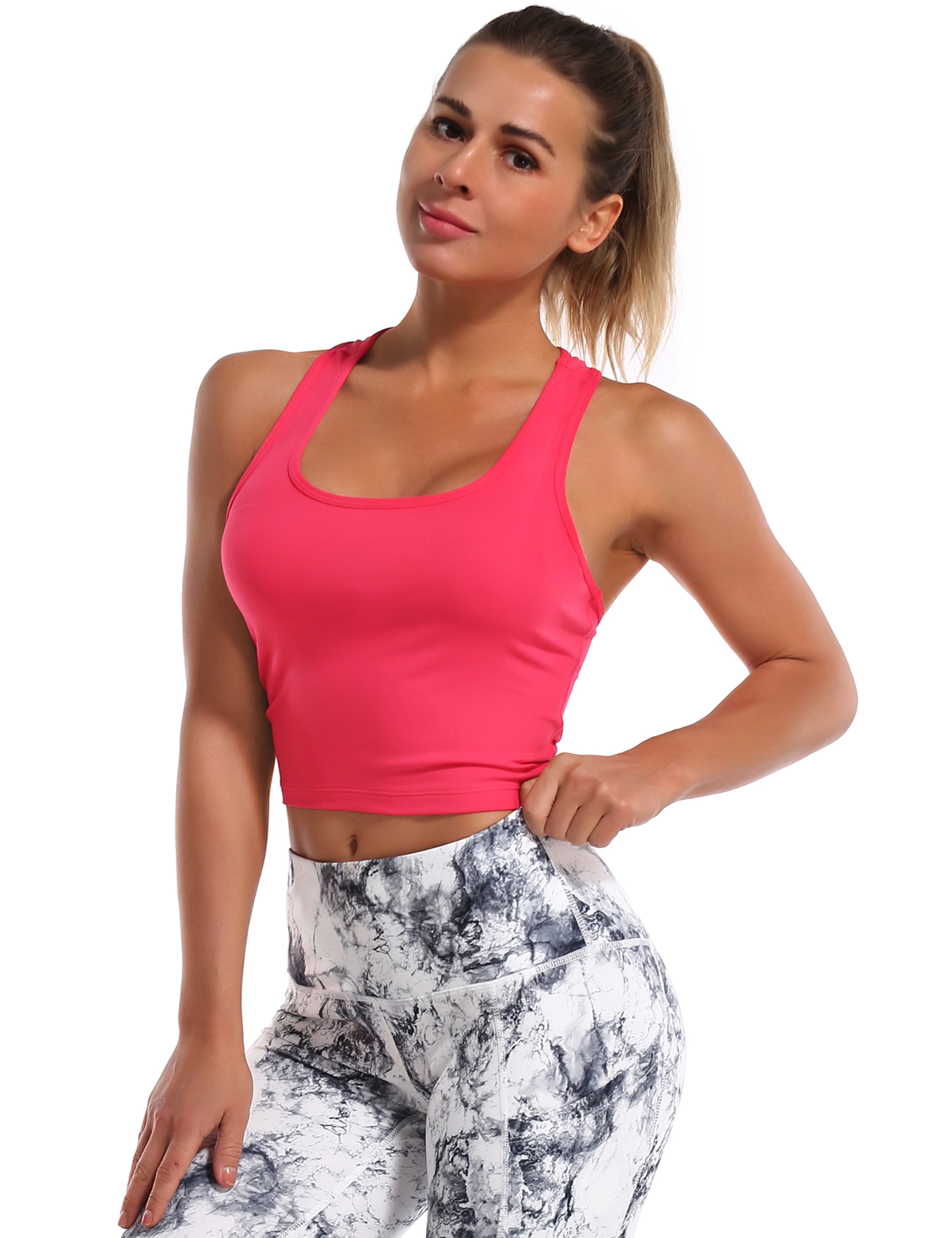 Racerback Athletic Crop Tank Tops red 92%Nylon/8%Spandex(Cotton Soft) Designed for yogastudio Tight Fit So buttery soft, it feels weightless Sweat-wicking Four-way stretch Breathable Contours your body Sits below the waistband for moderate, everyday coverage