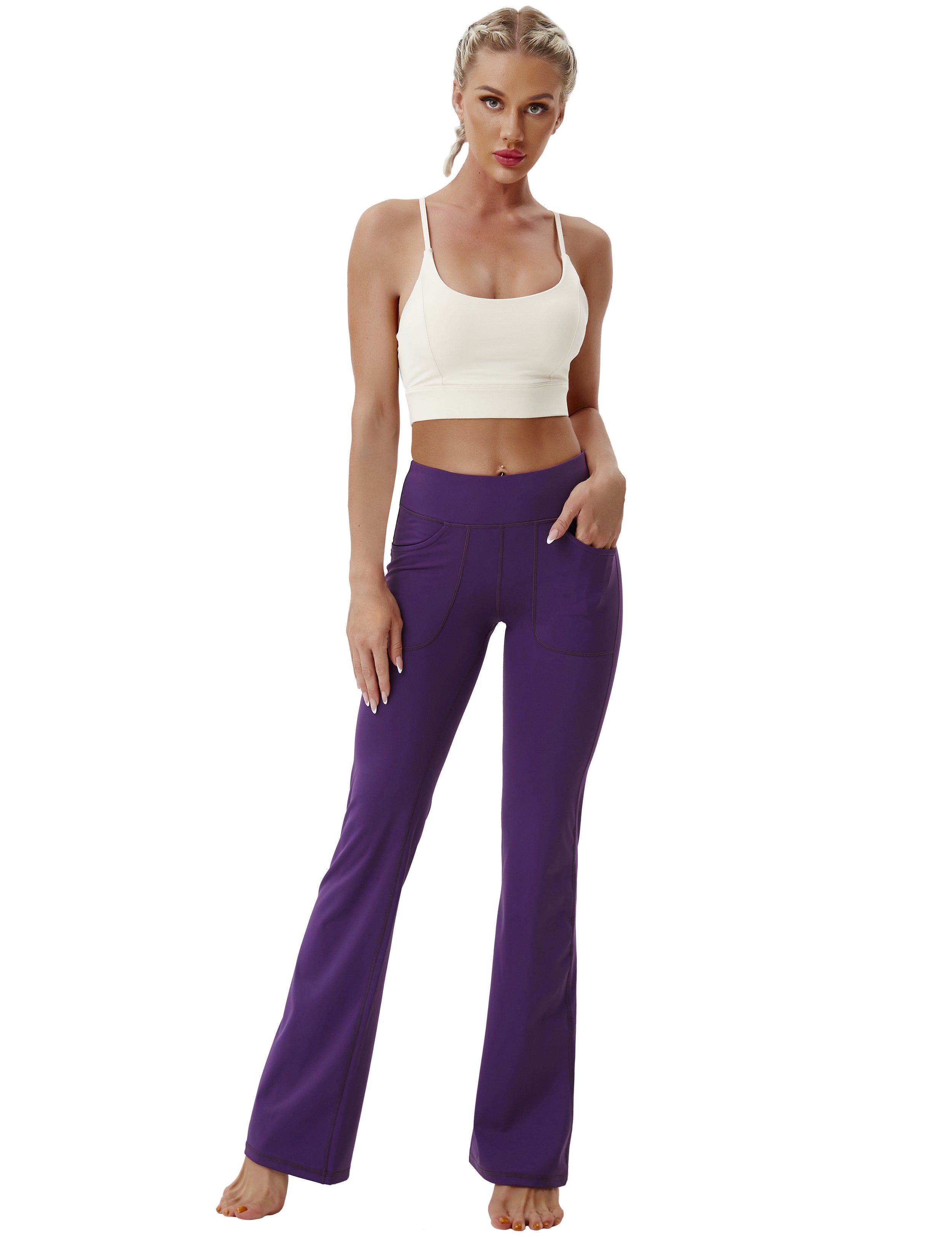 4 Pockets Bootcut Leggings eggplantpurple 75%Nylon/25%Spandex Fabric doesn't attract lint easily 4-way stretch No see-through Moisture-wicking Inner pocket Four lengths