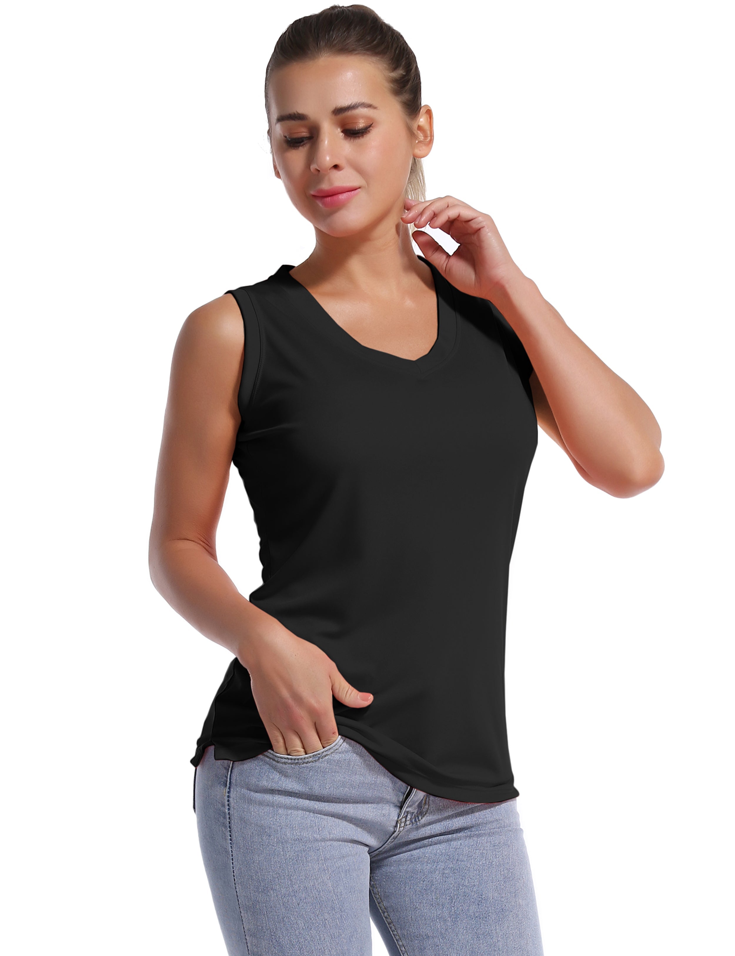 V Neck Sleeveless Athletic Shirts black_yoga