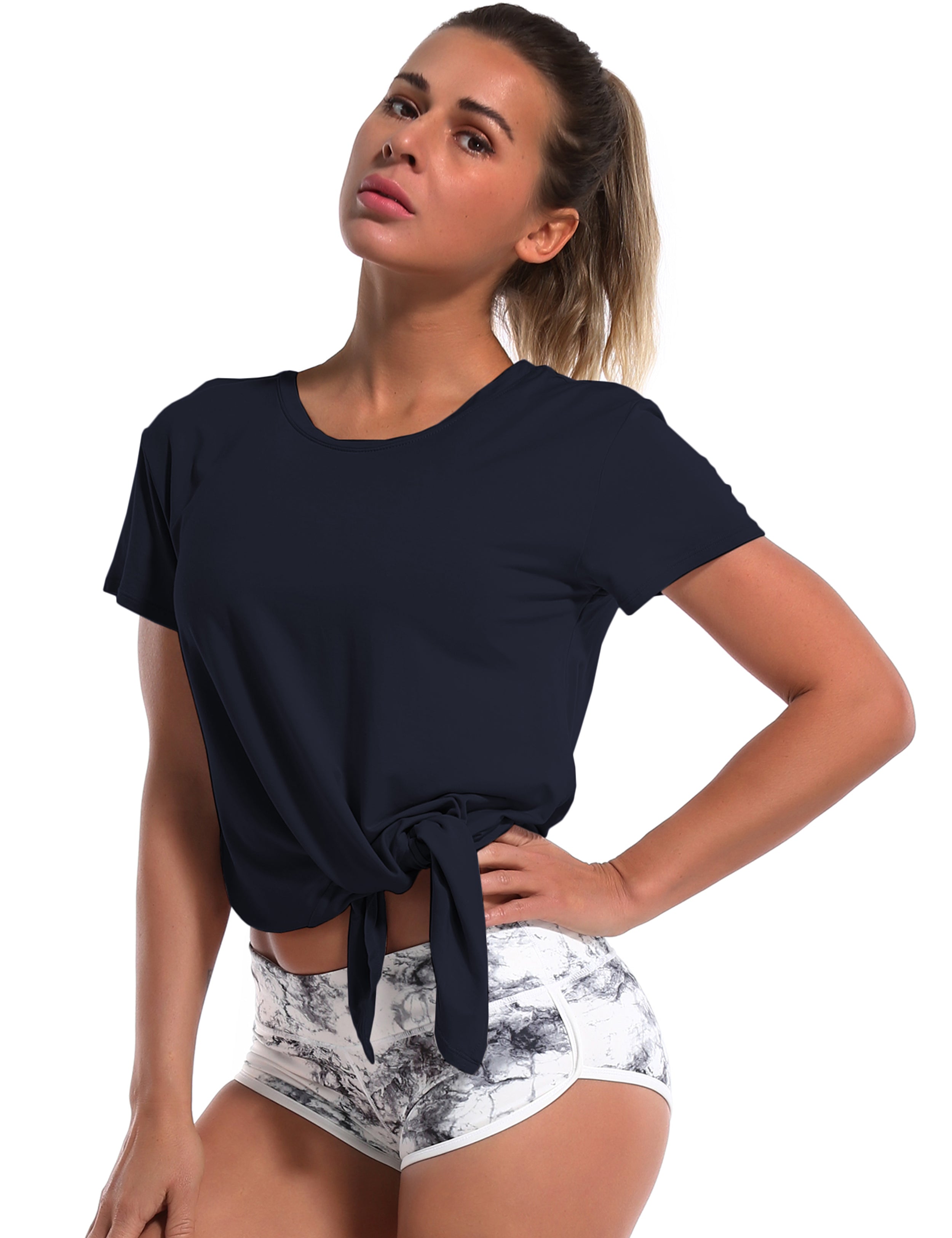 Tie Up Crop Top Short Sleeve T-Shirt darknavy_Biking