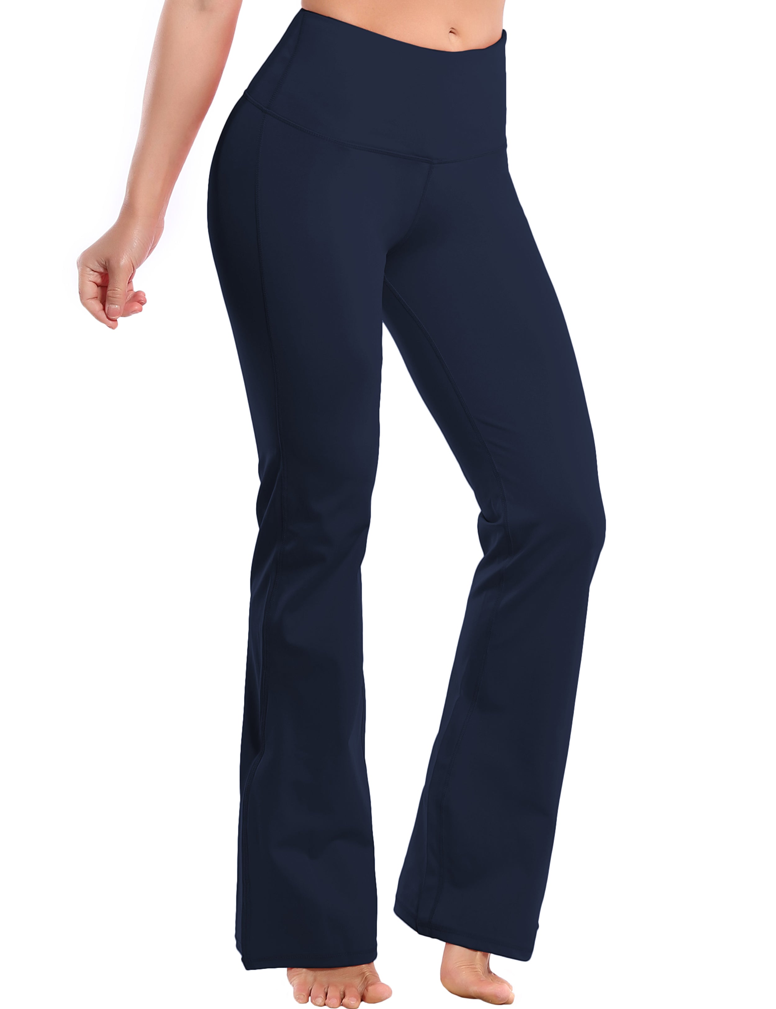 High Waist Bootcut Leggings Darknavy 75%Nylon/25%Spandex Fabric doesn't attract lint easily 4-way stretch No see-through Moisture-wicking Tummy control Inner pocket Five lengths