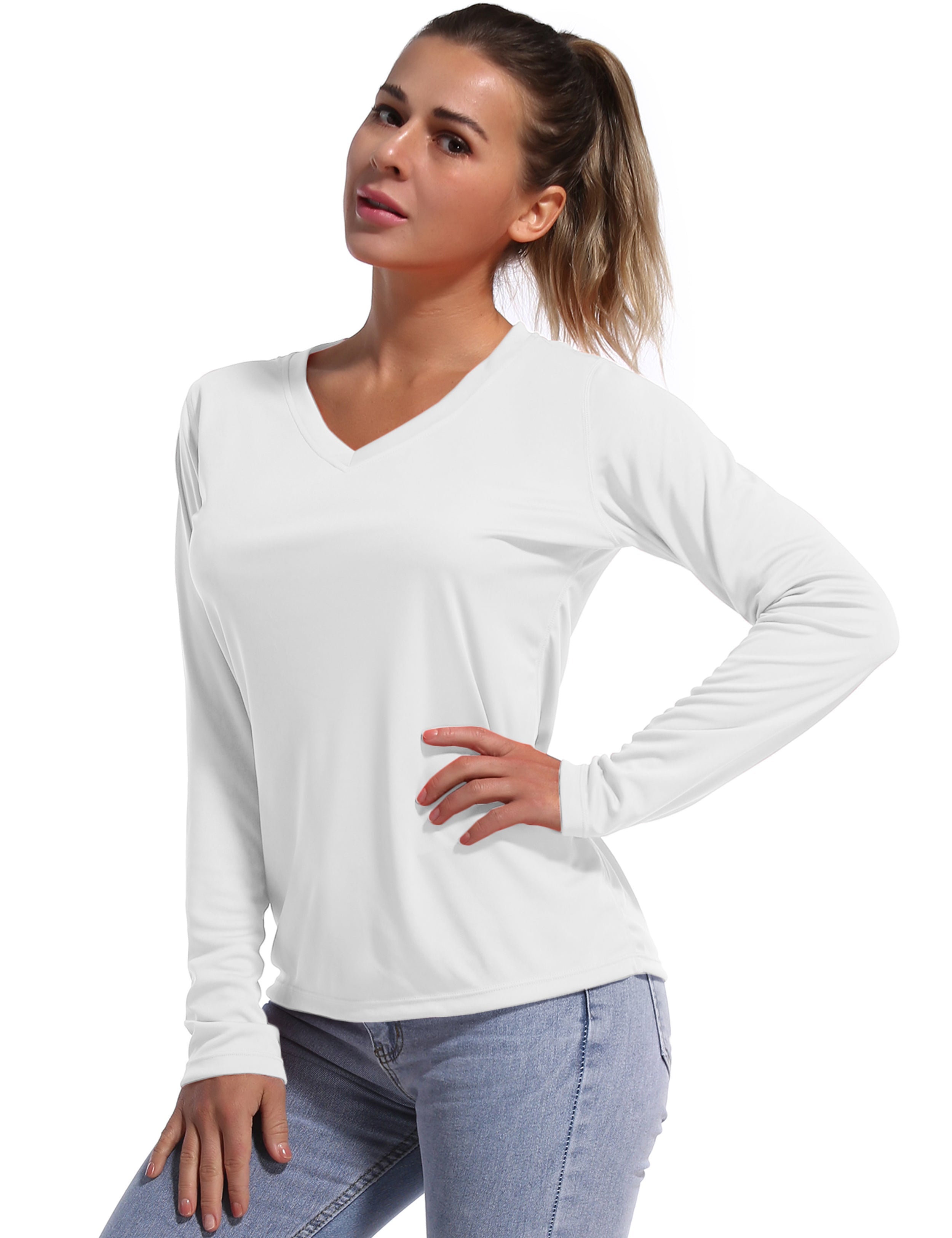 V Neck Long Sleeve Athletic Shirts white_Biking