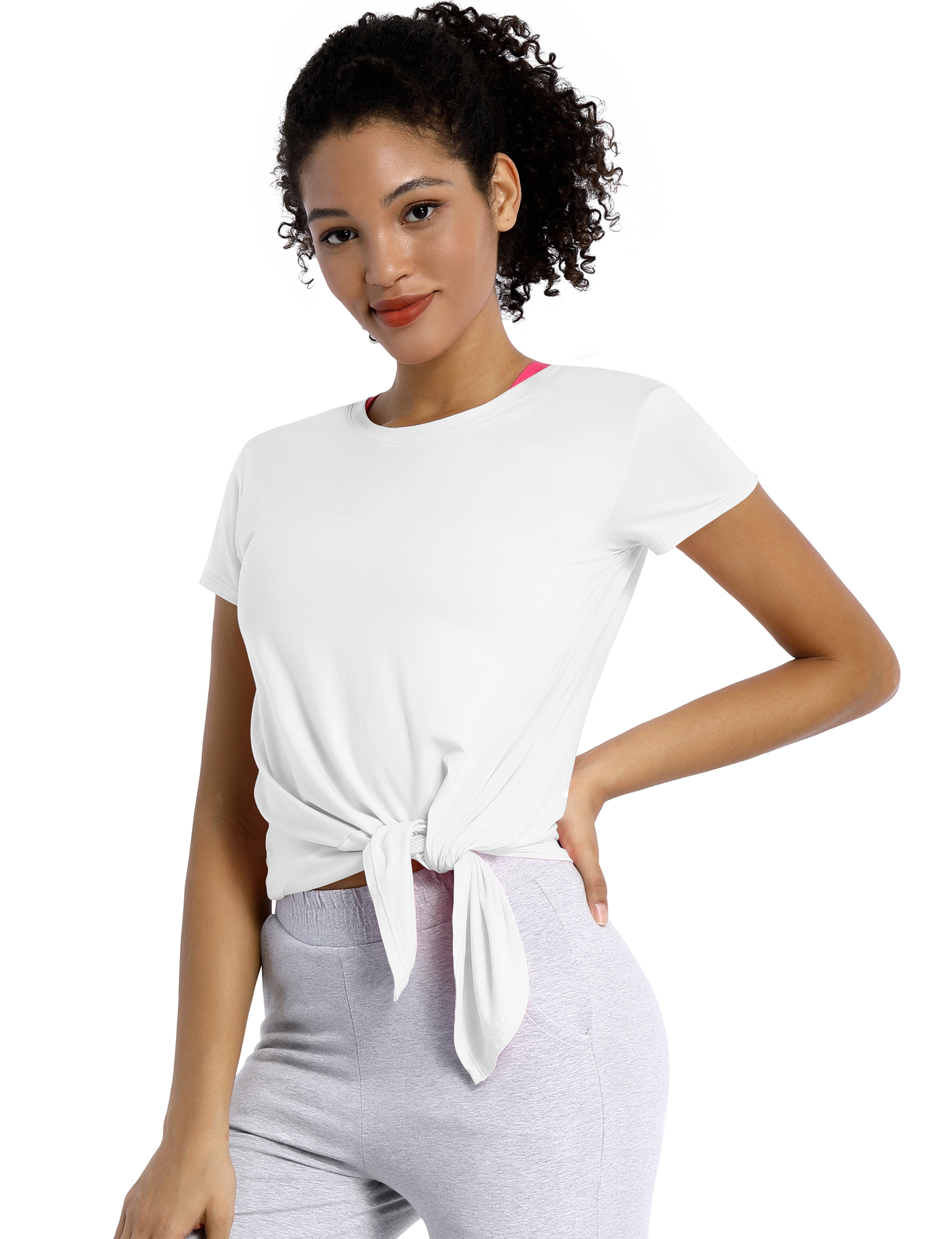 Tie Up Crop Top Short Sleeve T-Shirt white_yogastudio