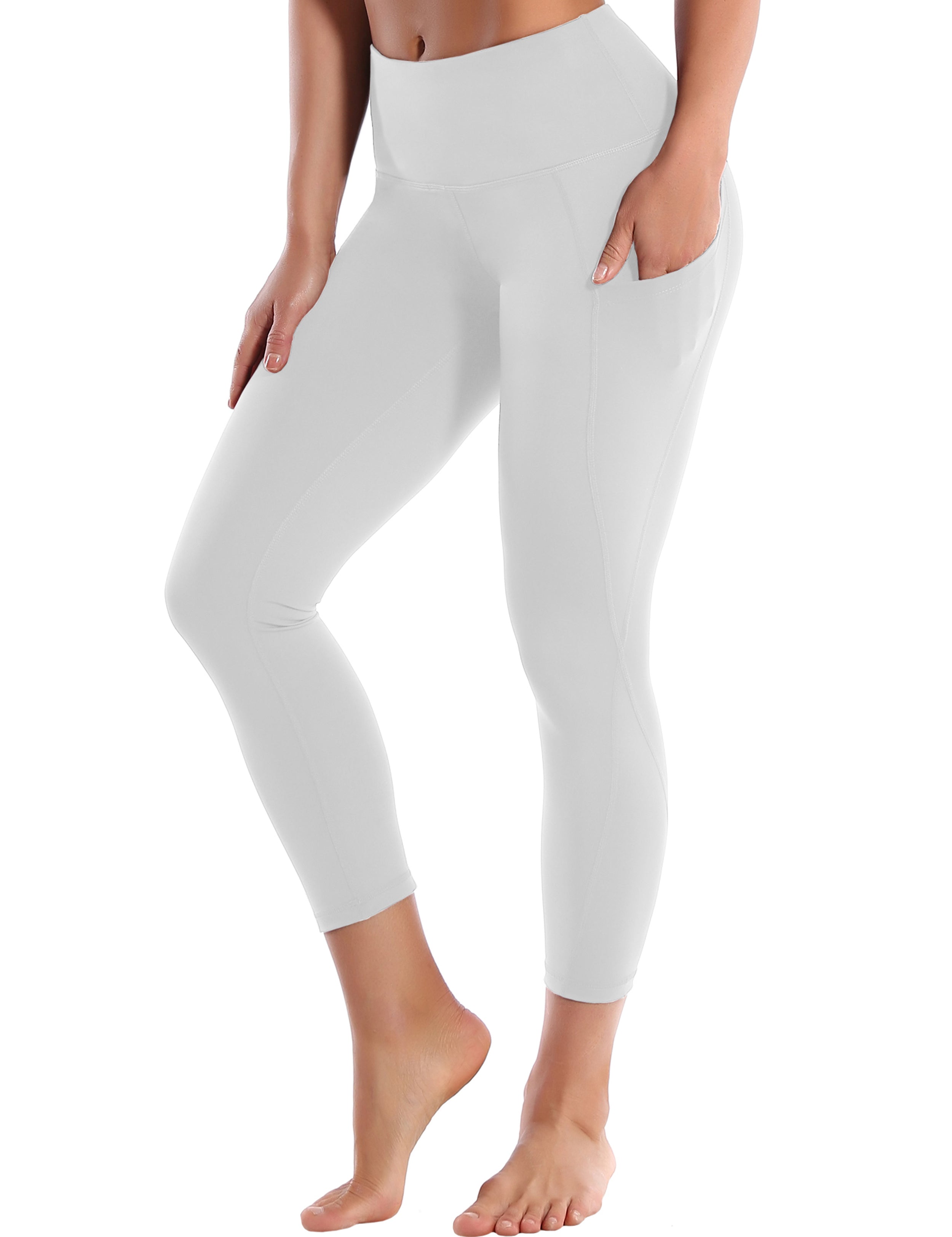 22" High Waist Side Pockets Capris lightgray 75%Nylon/25%Spandex Fabric doesn't attract lint easily 4-way stretch No see-through Moisture-wicking Tummy control Inner pocket