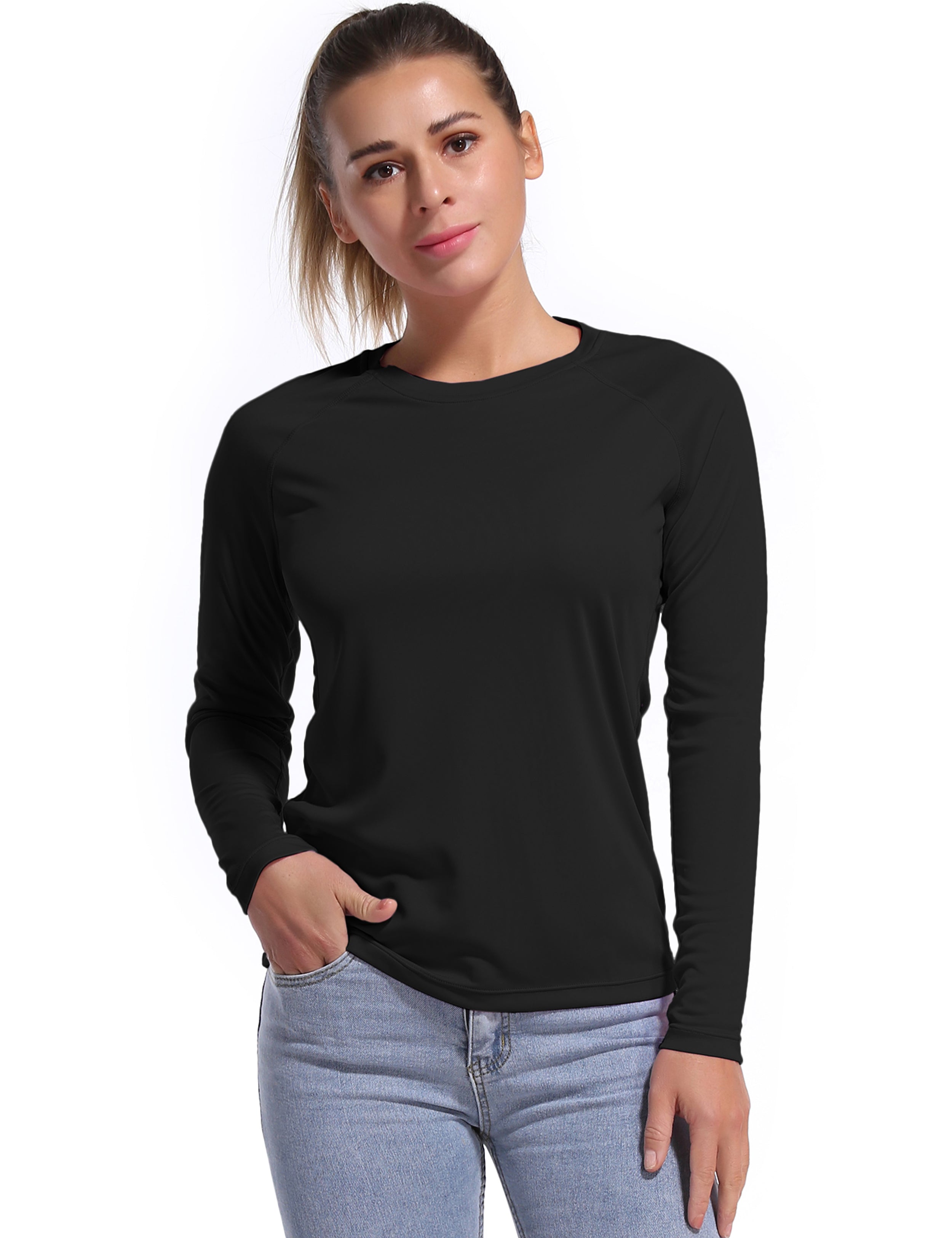 Long Sleeve Athletic Shirts black 100% polyester Lightweight Slim Fit UPF 50+ blocks sun's harmful rays Treated to wick moisture, dries ultra-fast