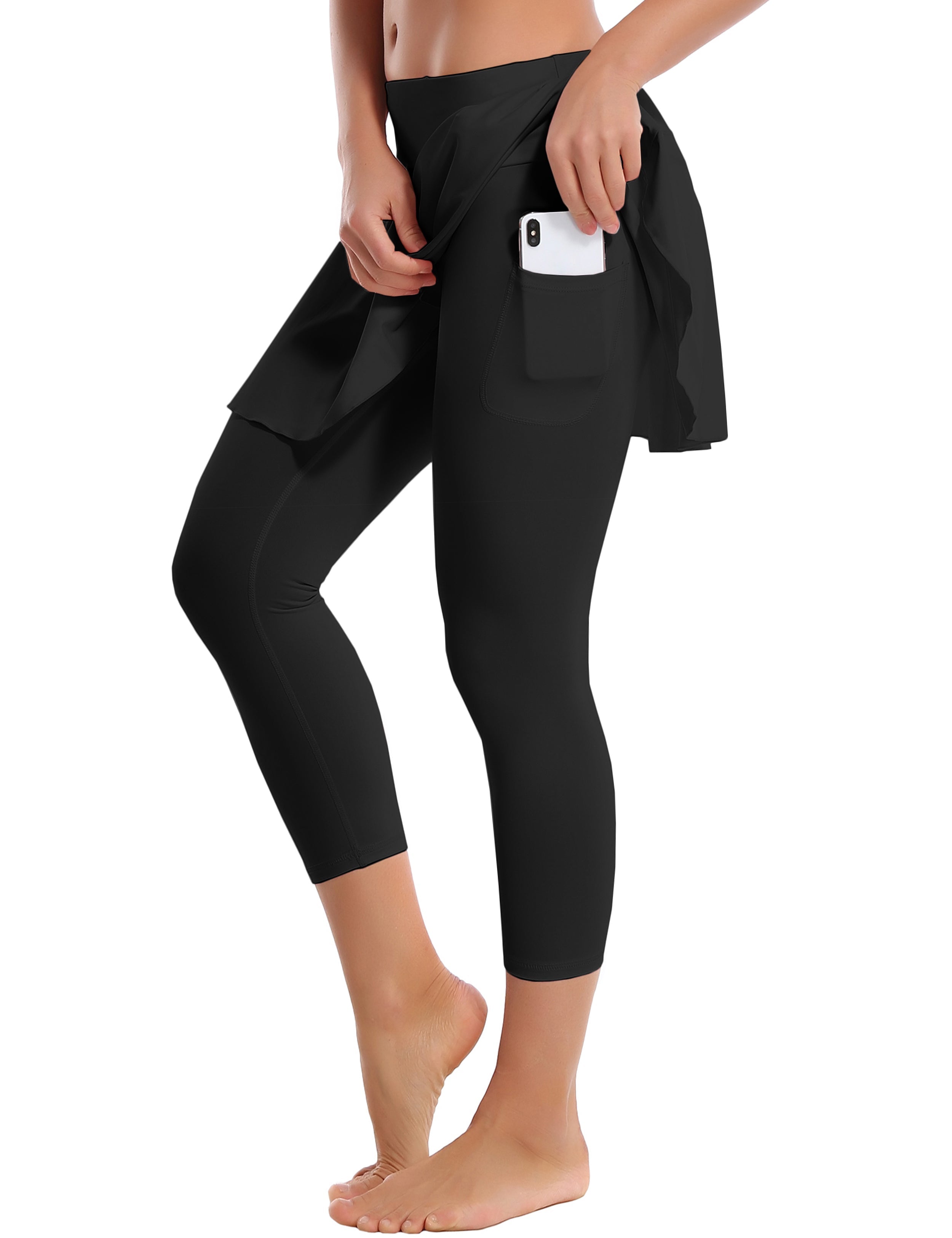 19" Capris Tennis Golf Skirted Leggings with Pockets black 80%Nylon/20%Spandex UPF 50+ sun protection Elastic closure Lightweight, Wrinkle Moisture wicking Quick drying Secure & comfortable two layer Hidden pocket