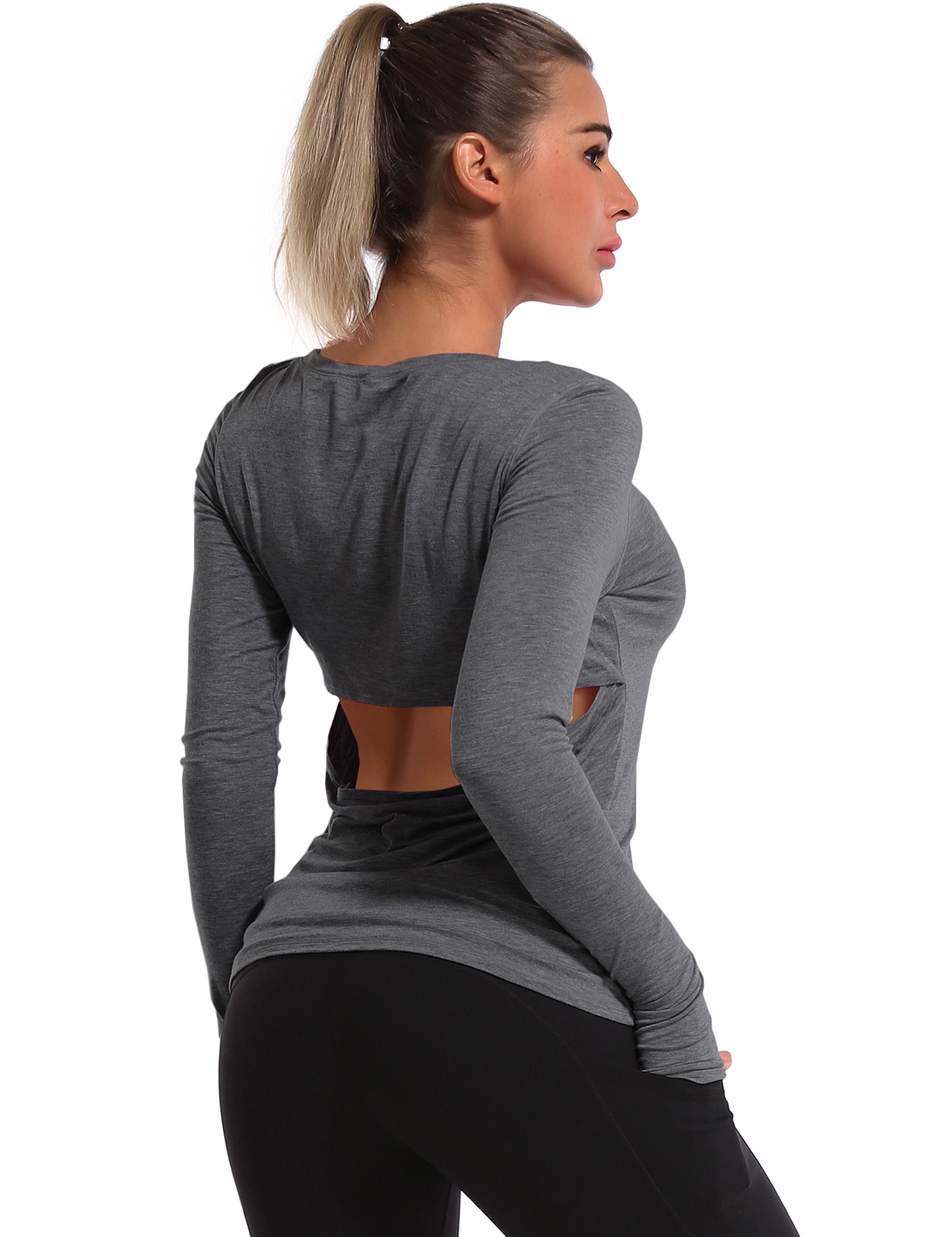 Open Back Long Sleeve Tops heathercharcoal Designed for On the Move Slim fit 93%Modal/7%Spandex Four-way stretch Naturally breathable Super-Soft, Modal Fabric