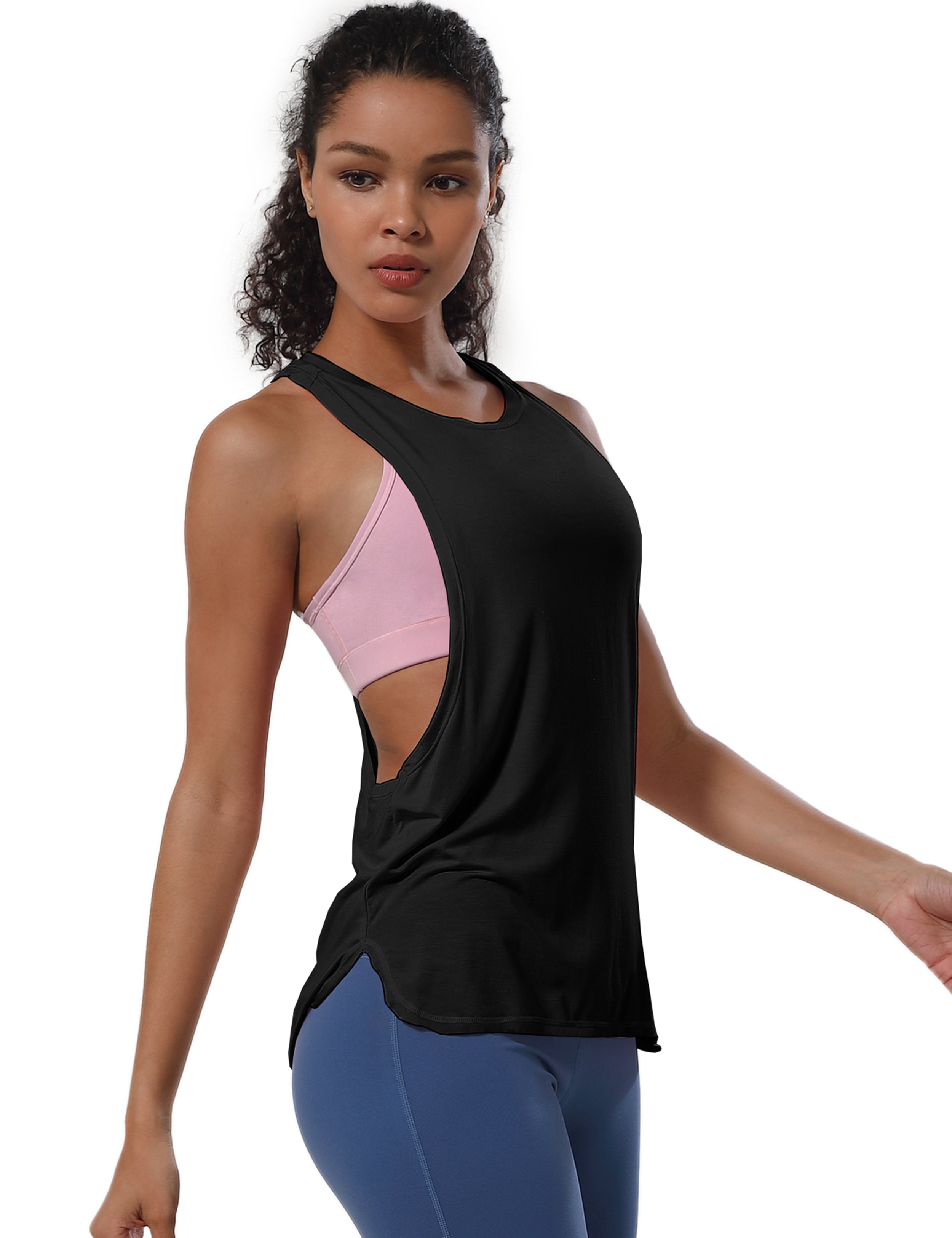 Low Cut Loose Fit Tank Top black Designed for On the Move Loose fit 93%Modal/7%Spandex Four-way stretch Naturally breathable Super-Soft, Modal Fabric