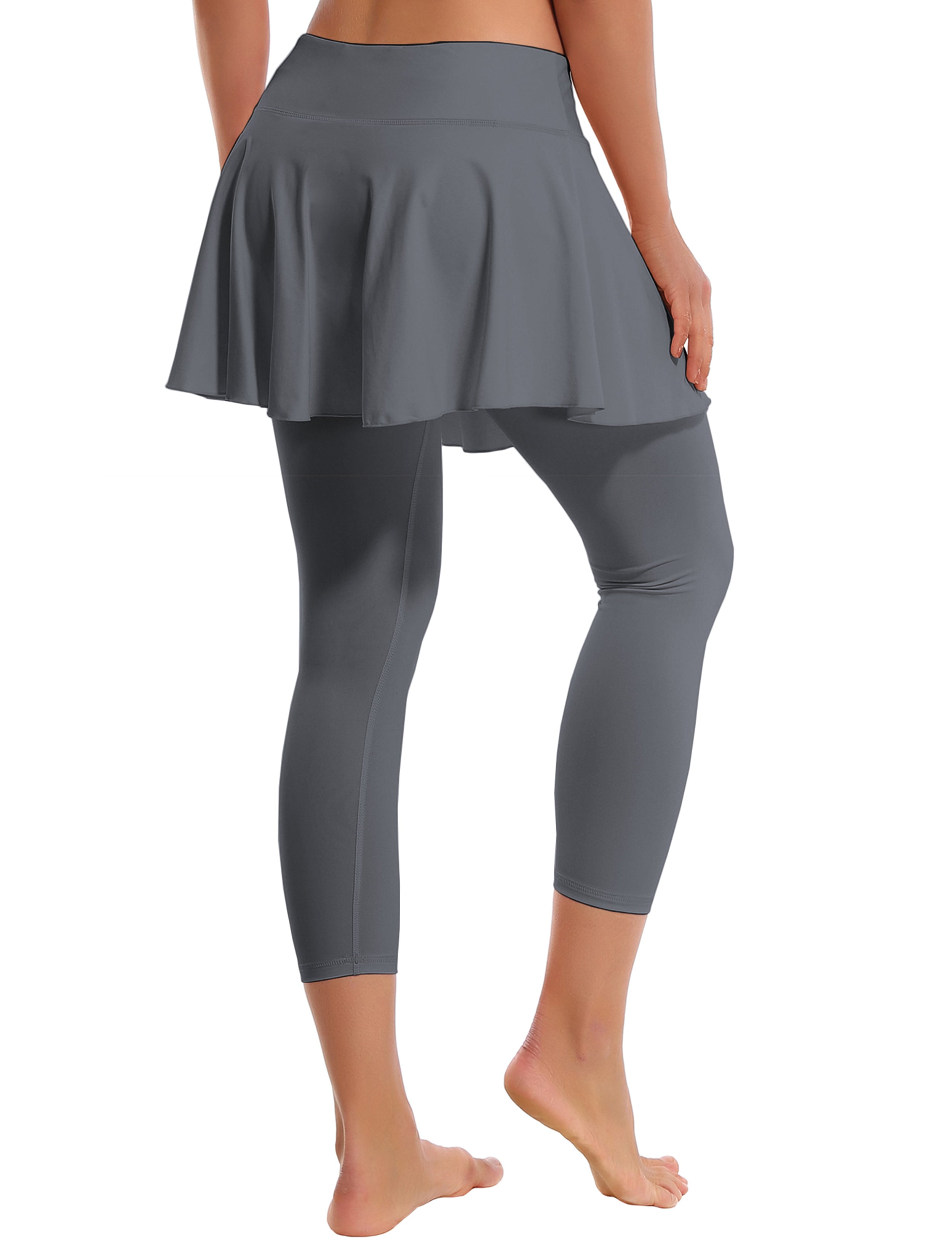 19" Capris Tennis Golf Skirted Leggings with Pockets gray 80%Nylon/20%Spandex UPF 50+ sun protection Elastic closure Lightweight, Wrinkle Moisture wicking Quick drying Secure & comfortable two layer Hidden pocket