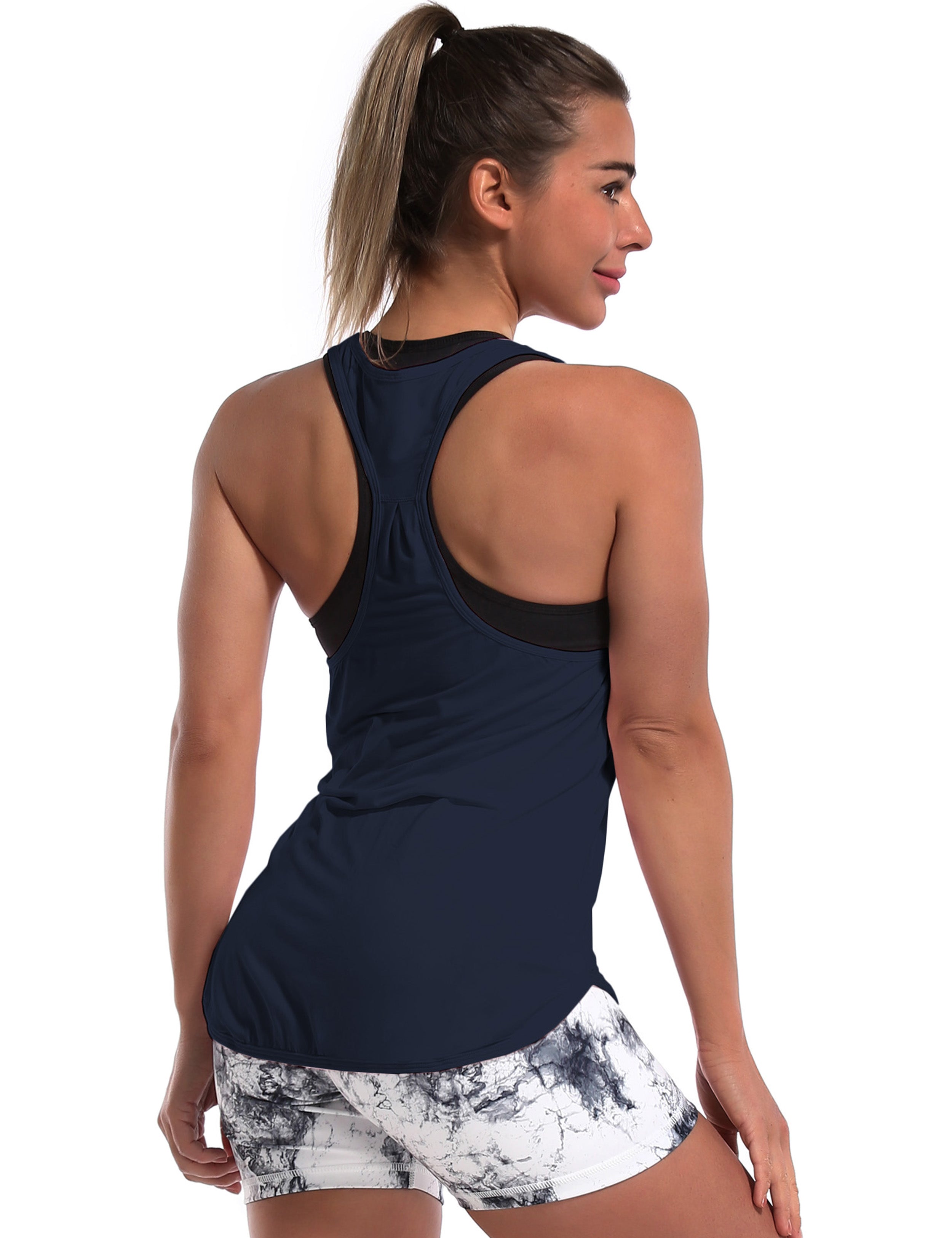 Loose Fit Racerback Tank Top darknavy Designed for On the Move Loose fit 93%Modal/7%Spandex Four-way stretch Naturally breathable Super-Soft, Modal Fabric