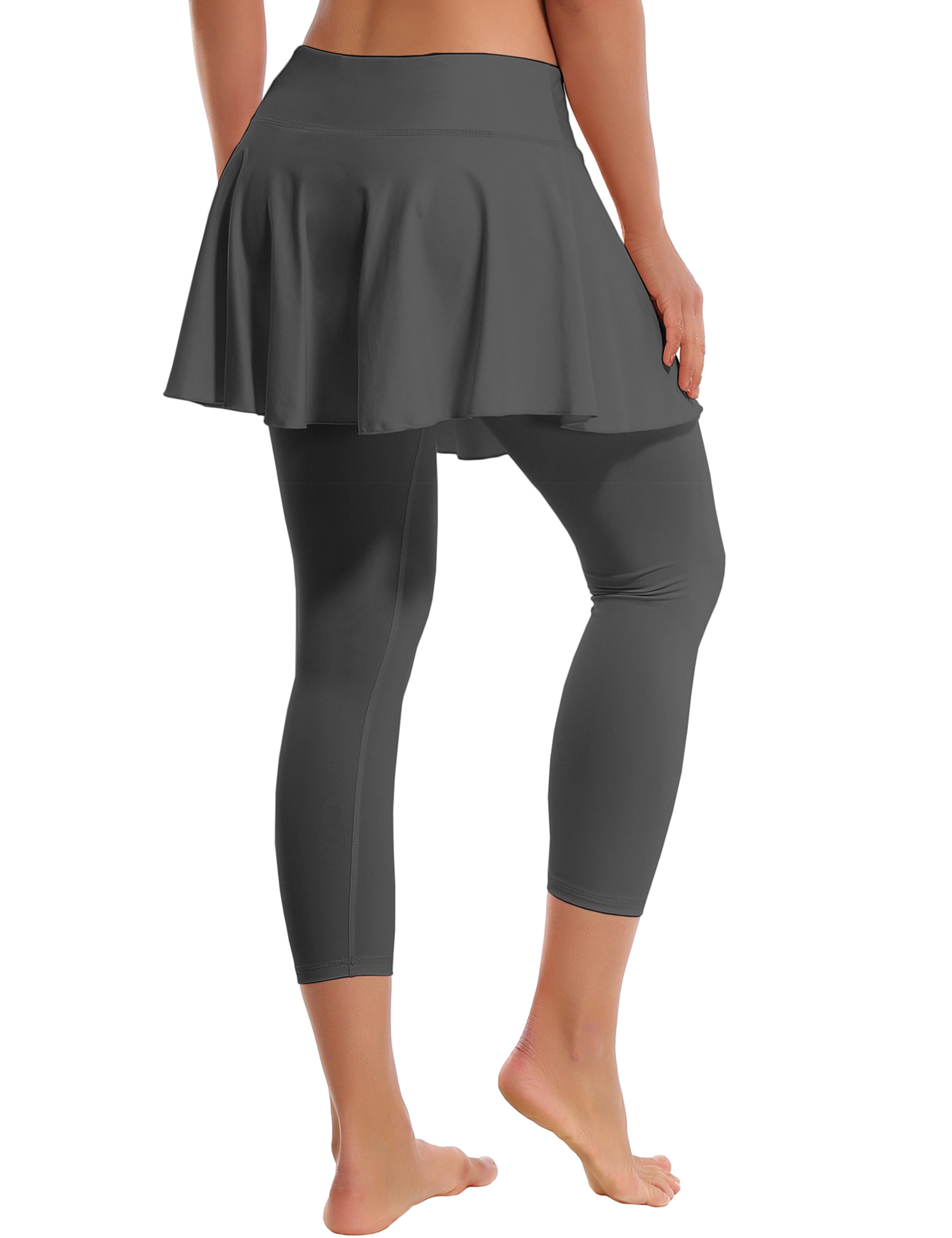 19" Capris Tennis Golf Skirted Leggings with Pockets shadowcharcoal 80%Nylon/20%Spandex UPF 50+ sun protection Elastic closure Lightweight, Wrinkle Moisture wicking Quick drying Secure & comfortable two layer Hidden pocket