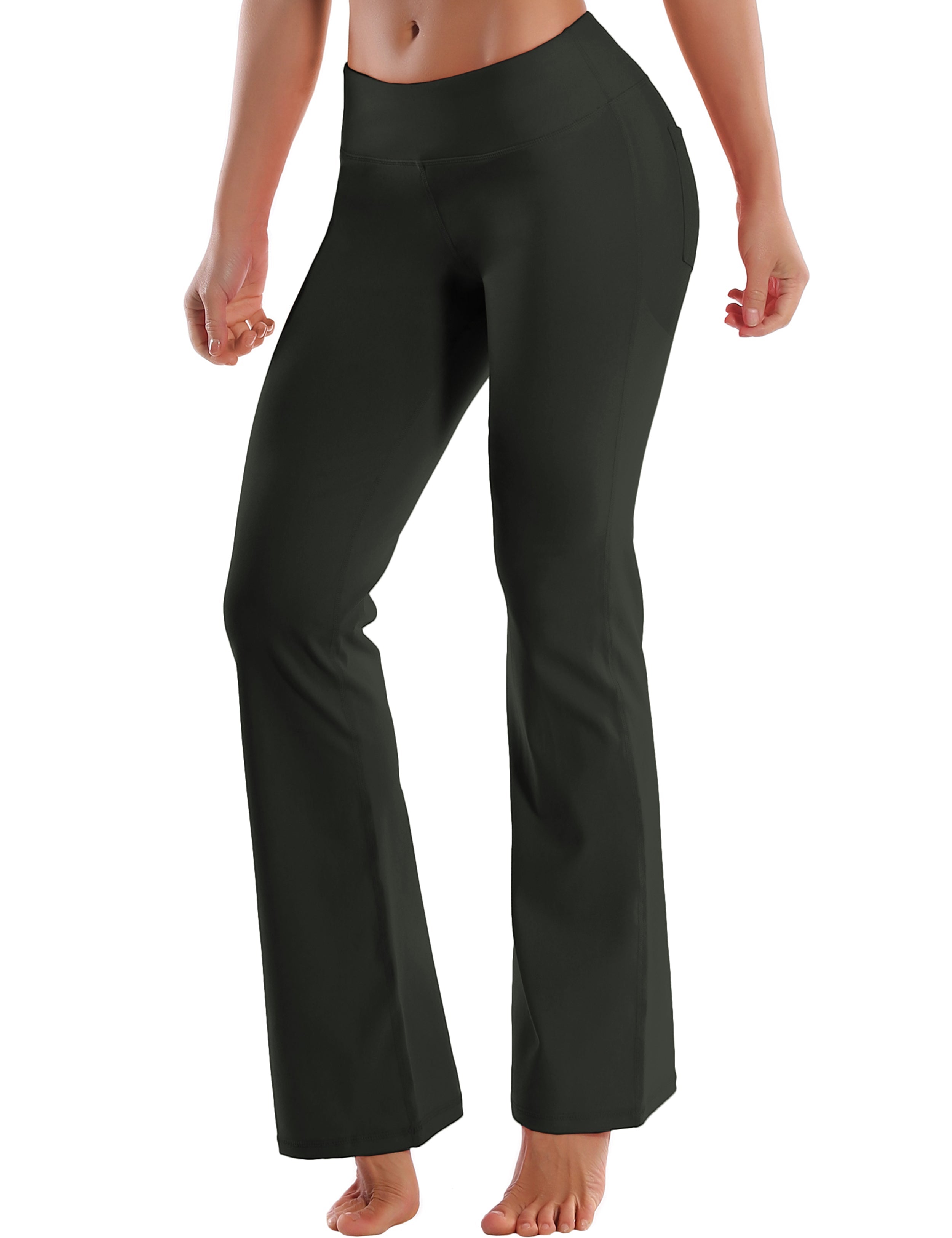 Back Pockets Bootcut Leggings olivegray 87%Nylon/13%Spandex Fabric doesn't attract lint easily 4-way stretch No see-through Moisture-wicking Inner pocket Four lengths