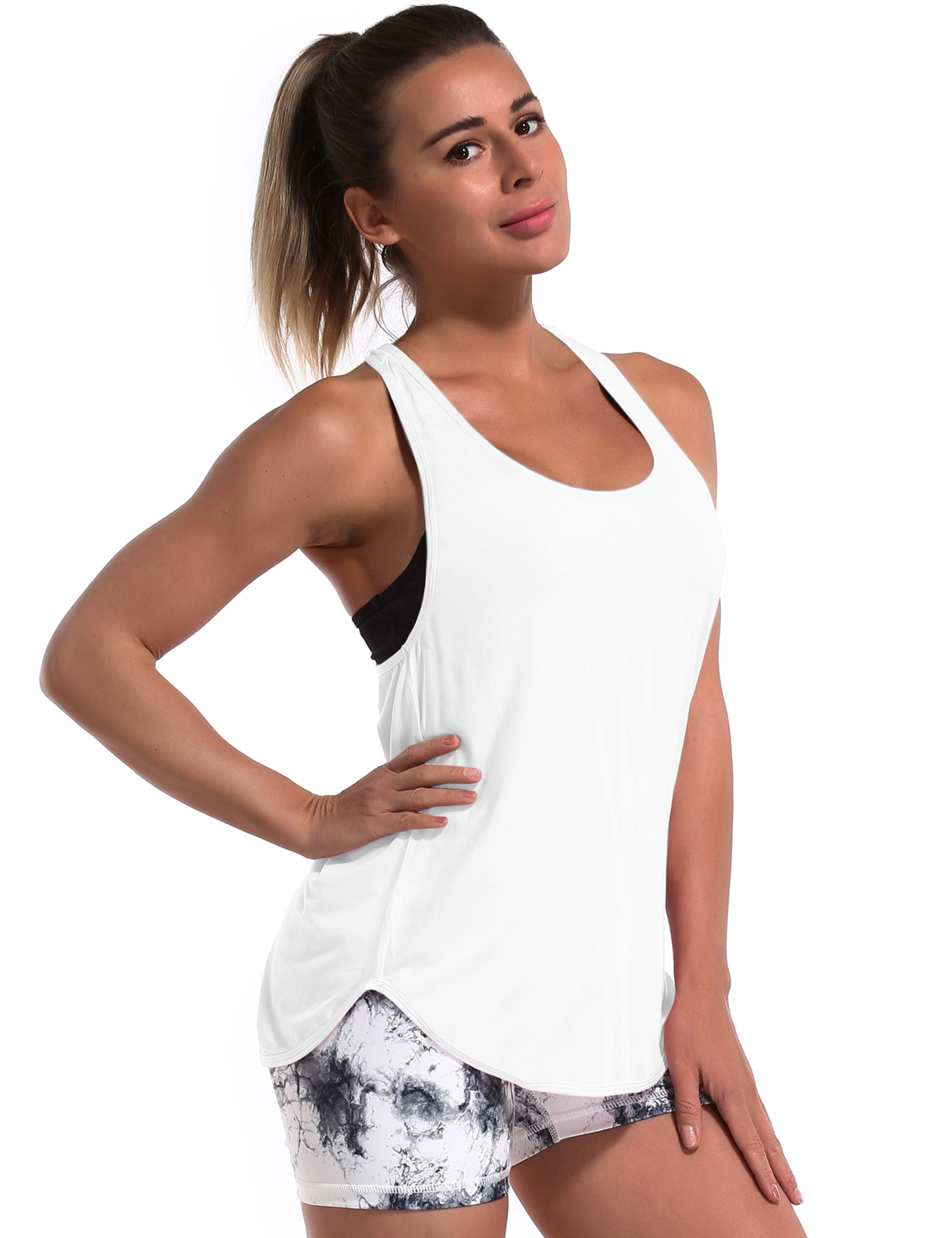 Loose Fit Racerback Tank Top white Designed for On the Move Loose fit 93%Modal/7%Spandex Four-way stretch Naturally breathable Super-Soft, Modal Fabric