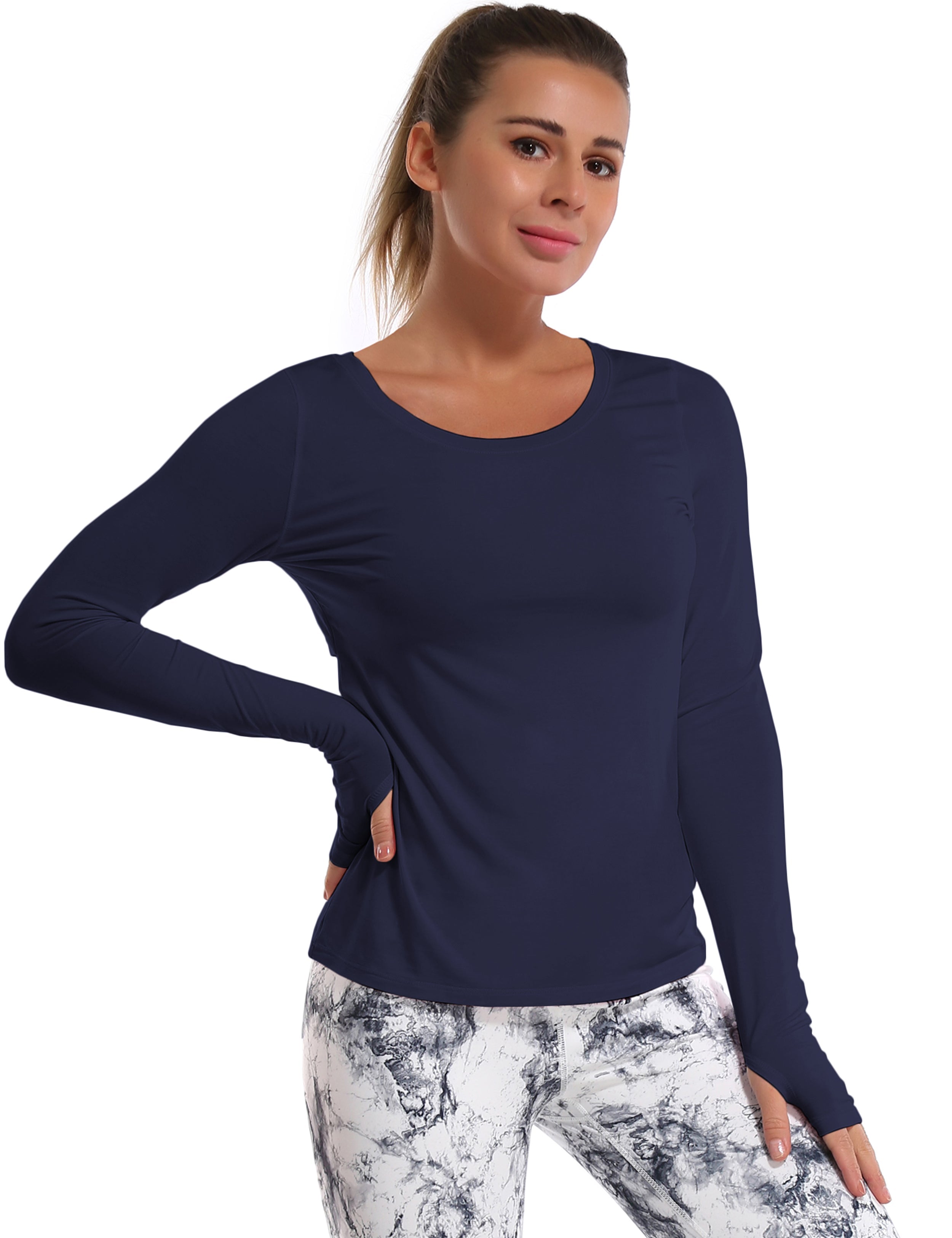 Open Back Long Sleeve Tops darknavy Designed for On the Move Slim fit 93%Modal/7%Spandex Four-way stretch Naturally breathable Super-Soft, Modal Fabric