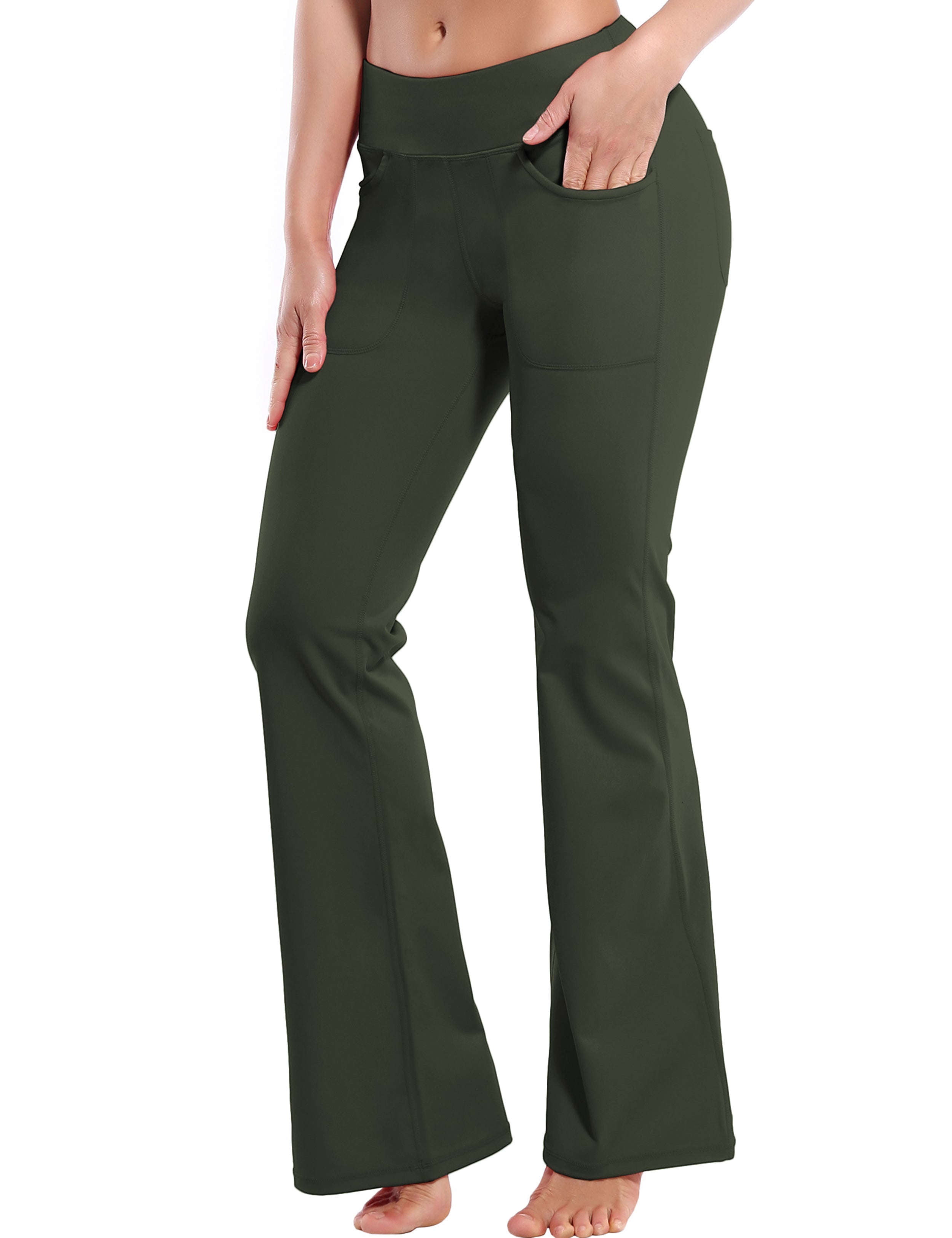 4 Pockets Bootcut Leggings olivegray 75%Nylon/25%Spandex Fabric doesn't attract lint easily 4-way stretch No see-through Moisture-wicking Inner pocket Four lengths