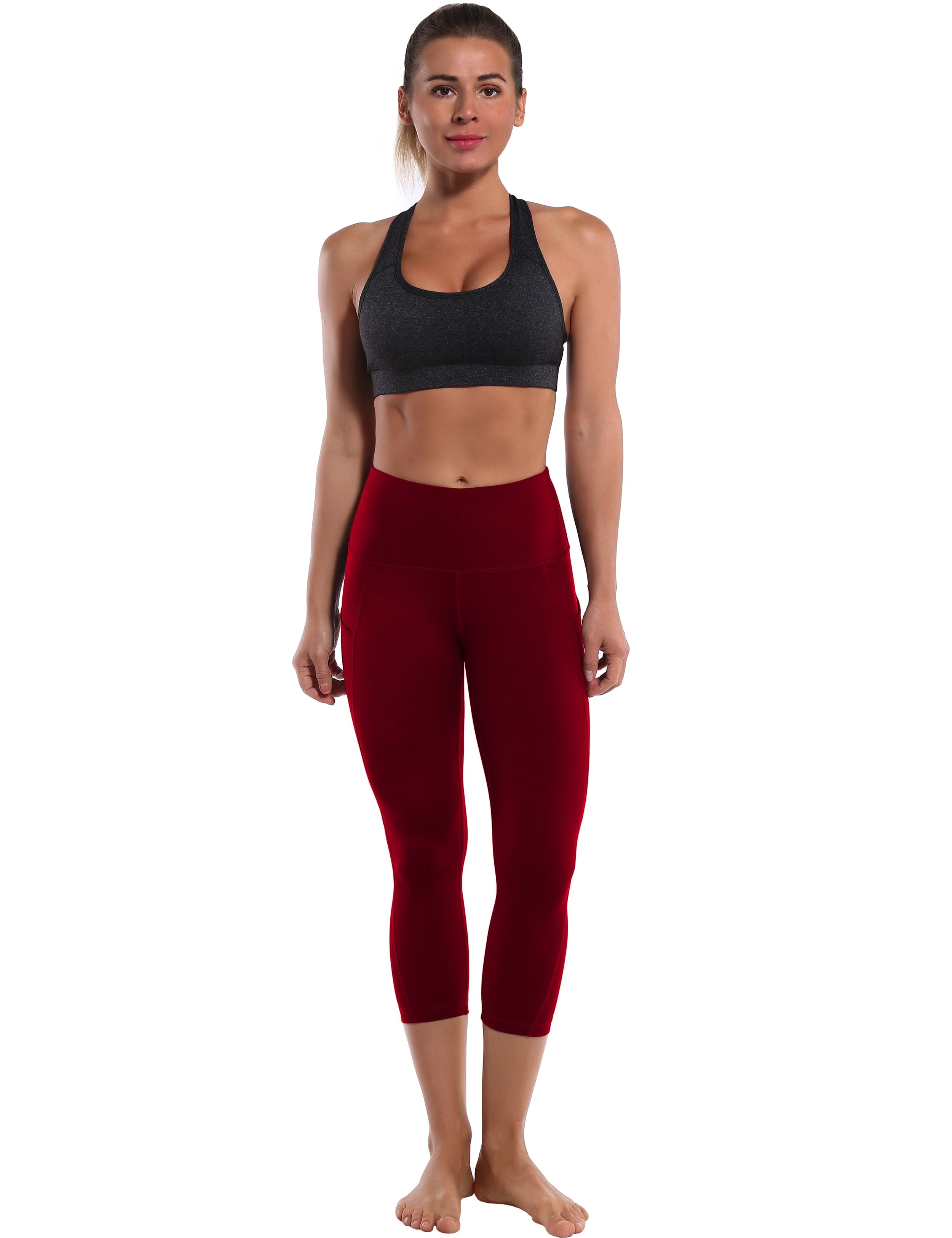 19" High Waist Side Pockets Capris cherryred 75%Nylon/25%Spandex Fabric doesn't attract lint easily 4-way stretch No see-through Moisture-wicking Tummy control Inner pocket