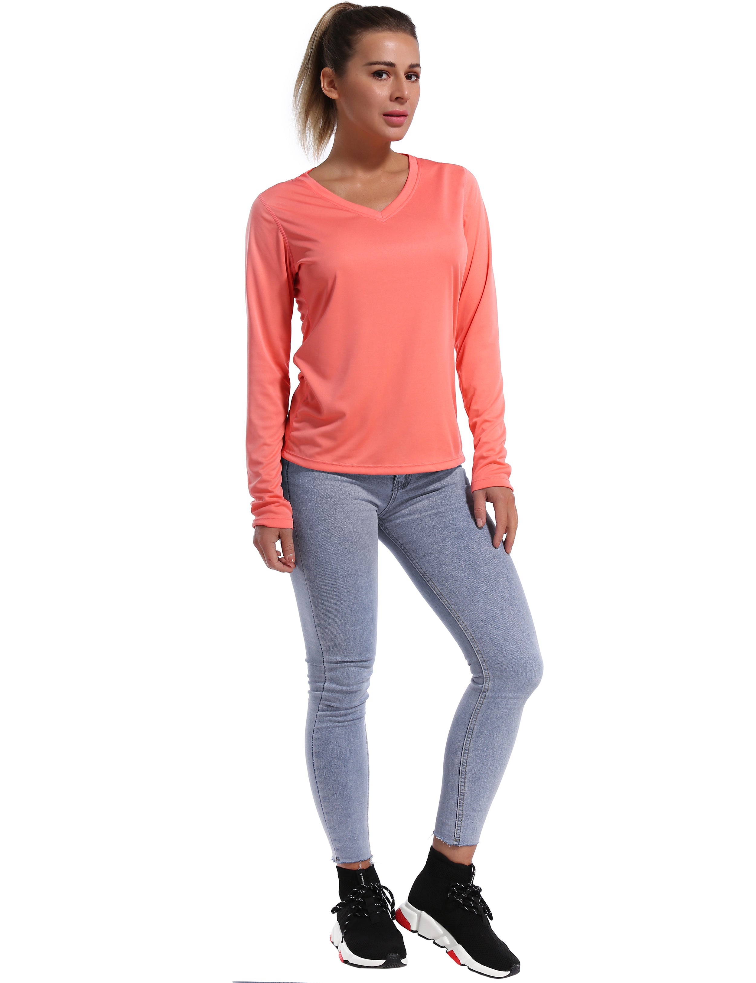 V Neck Long Sleeve Athletic Shirts coral_Biking