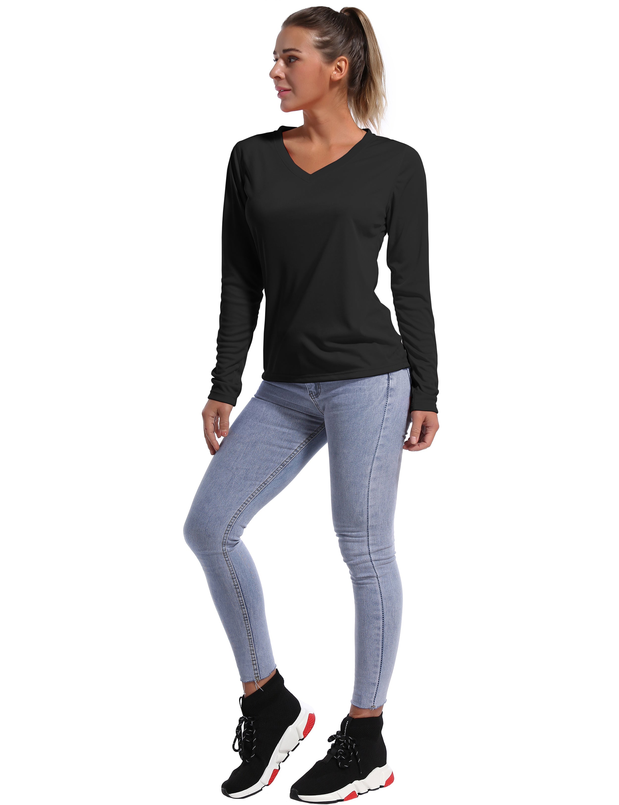 V Neck Long Sleeve Athletic Shirts black_Gym