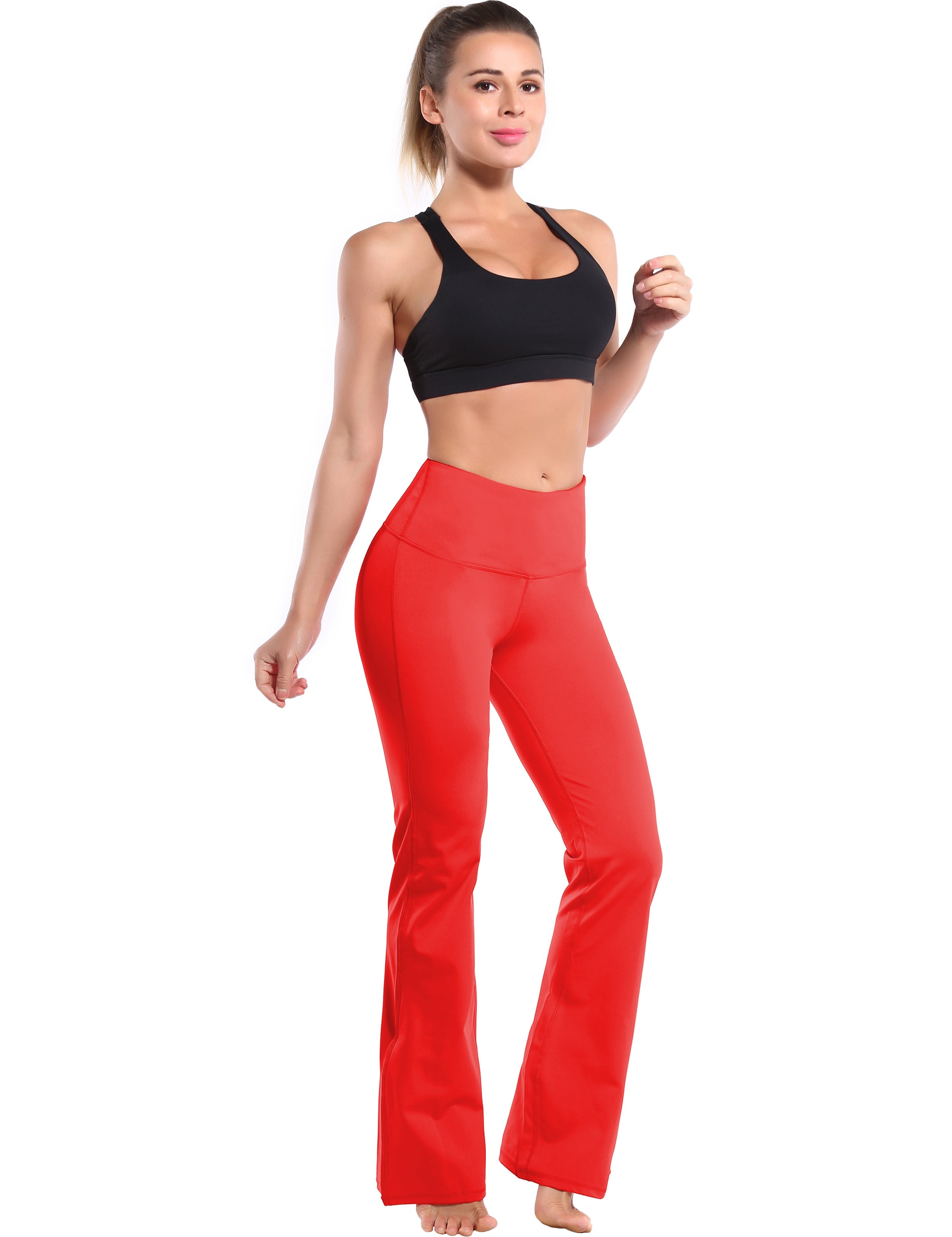 High Waist Bootcut Leggings Scarlet 75%Nylon/25%Spandex Fabric doesn't attract lint easily 4-way stretch No see-through Moisture-wicking Tummy control Inner pocket Five lengths