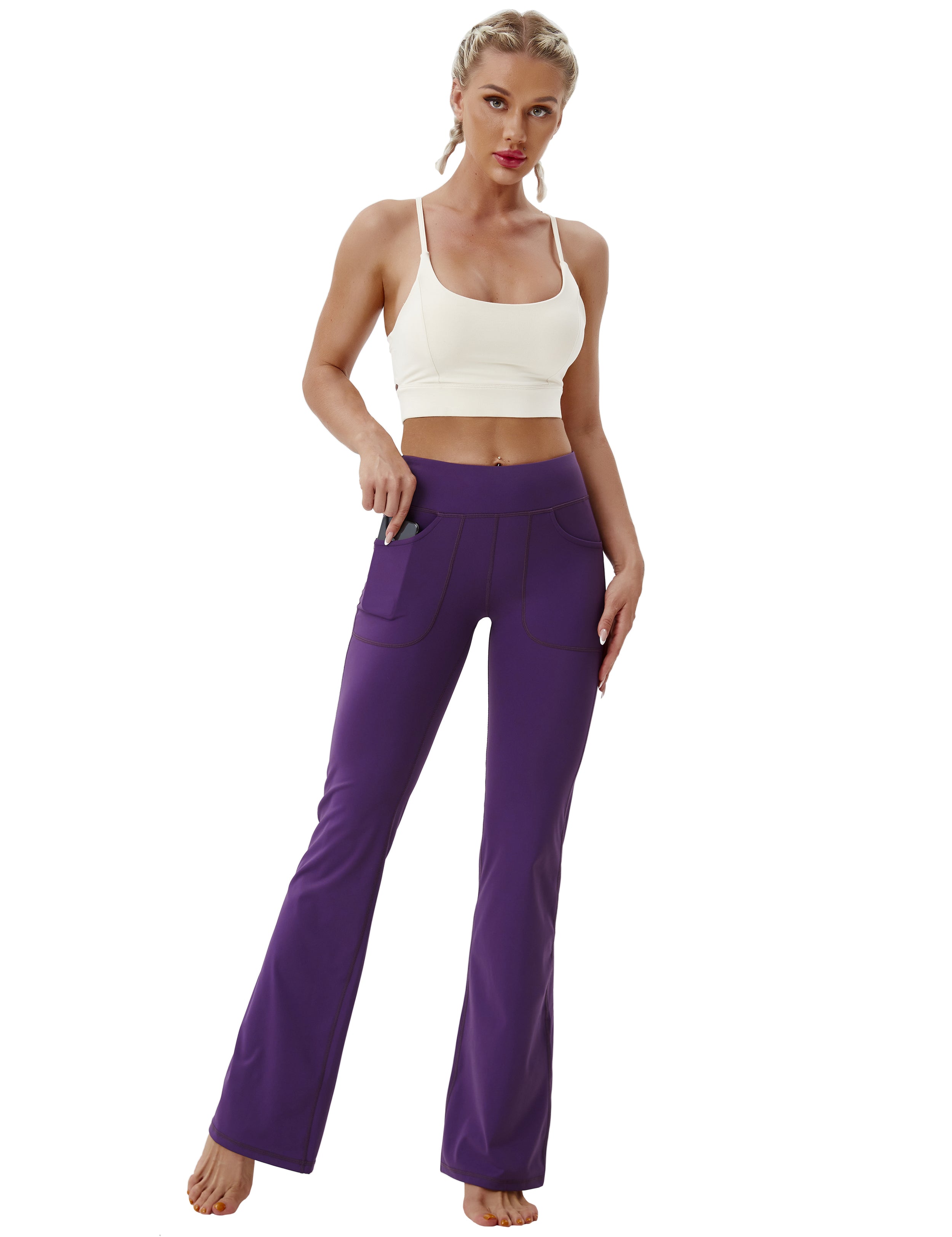 4 Pockets Bootcut Leggings eggplantpurple 75%Nylon/25%Spandex Fabric doesn't attract lint easily 4-way stretch No see-through Moisture-wicking Inner pocket Four lengths