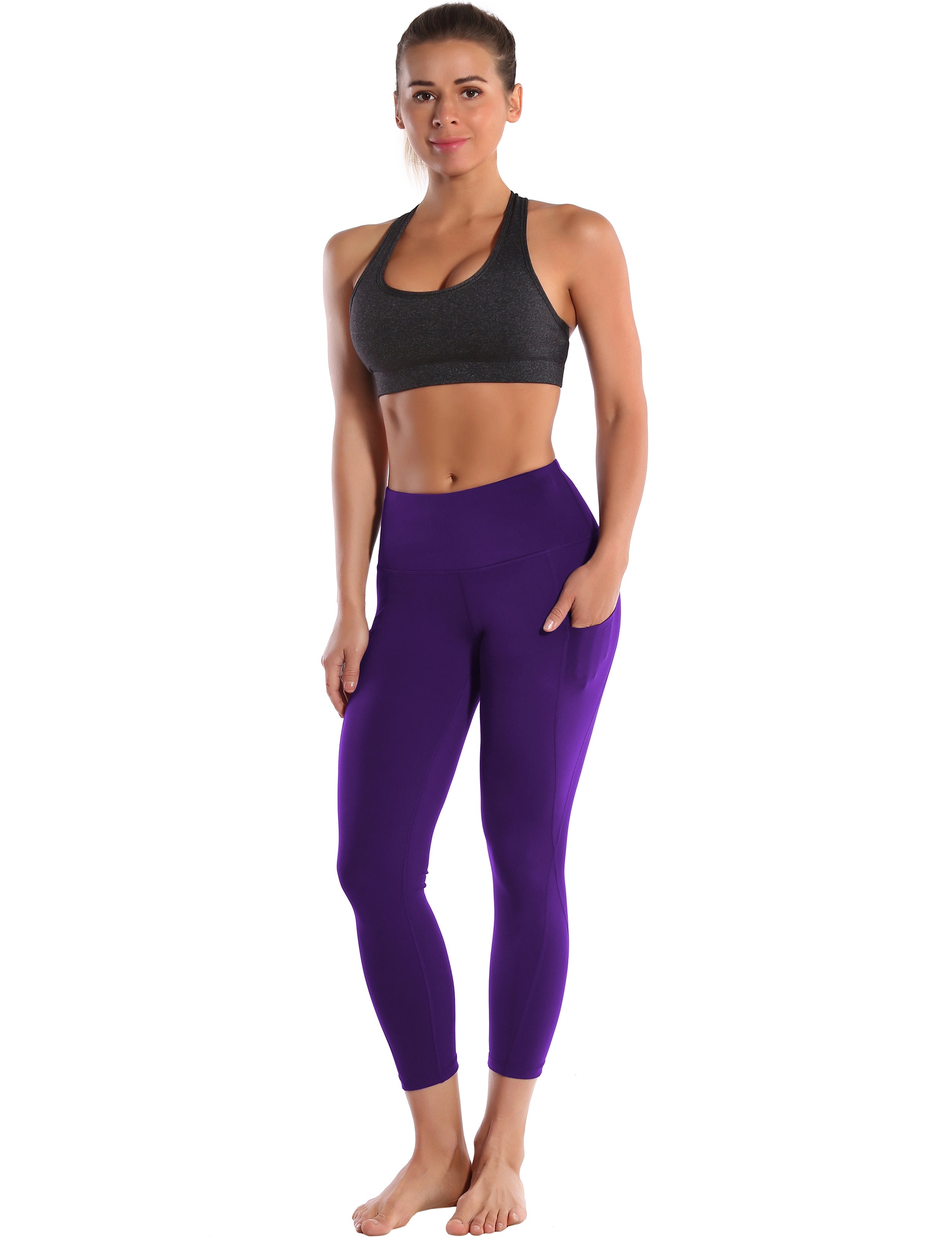 22" High Waist Side Pockets Capris eggplantpurple 75%Nylon/25%Spandex Fabric doesn't attract lint easily 4-way stretch No see-through Moisture-wicking Tummy control Inner pocket