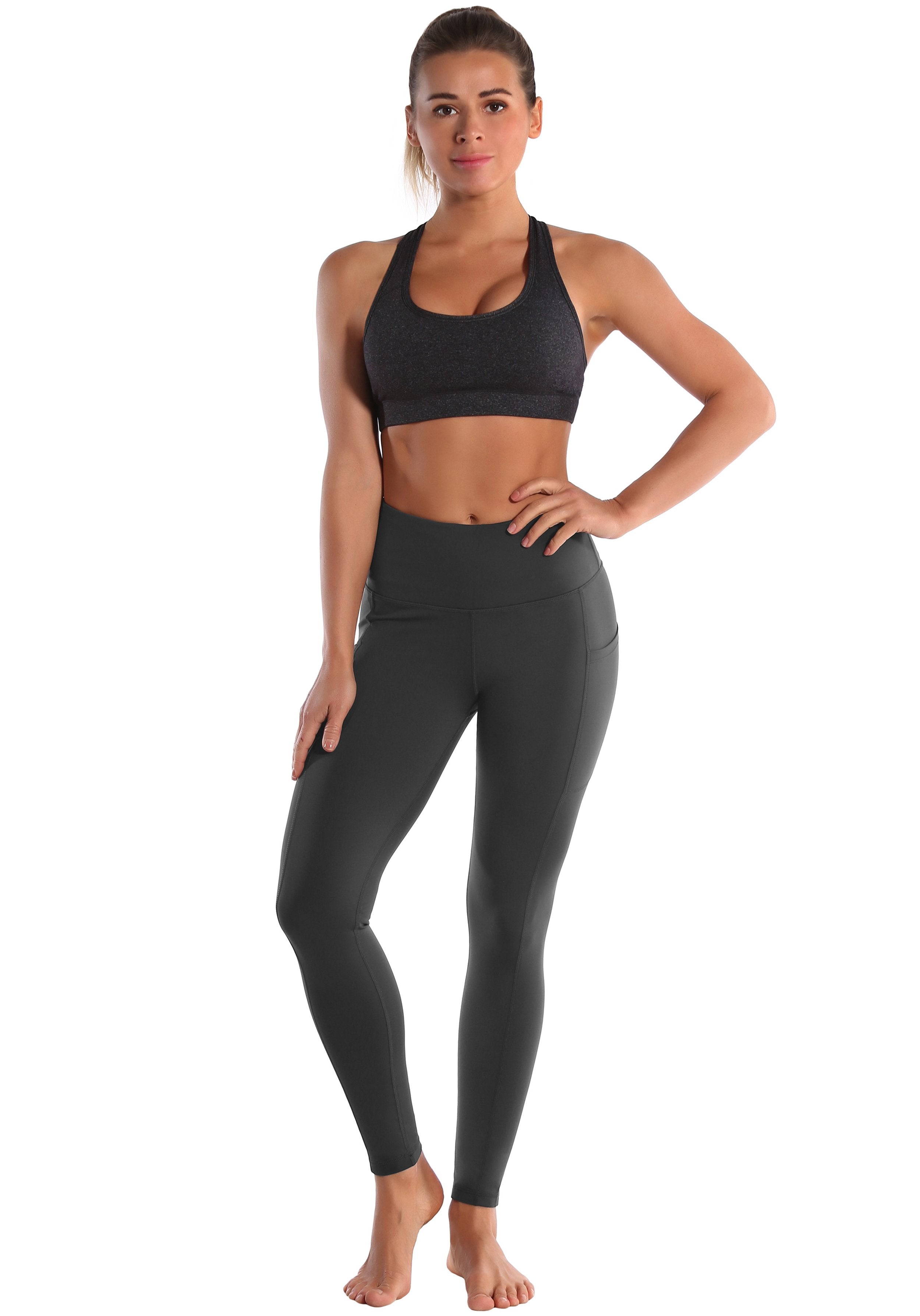 Hip Line Side Pockets Gym Pants shadowcharcoal Sexy Hip Line Side Pockets 75%Nylon/25%Spandex Fabric doesn't attract lint easily 4-way stretch No see-through Moisture-wicking Tummy control Inner pocket Two lengths