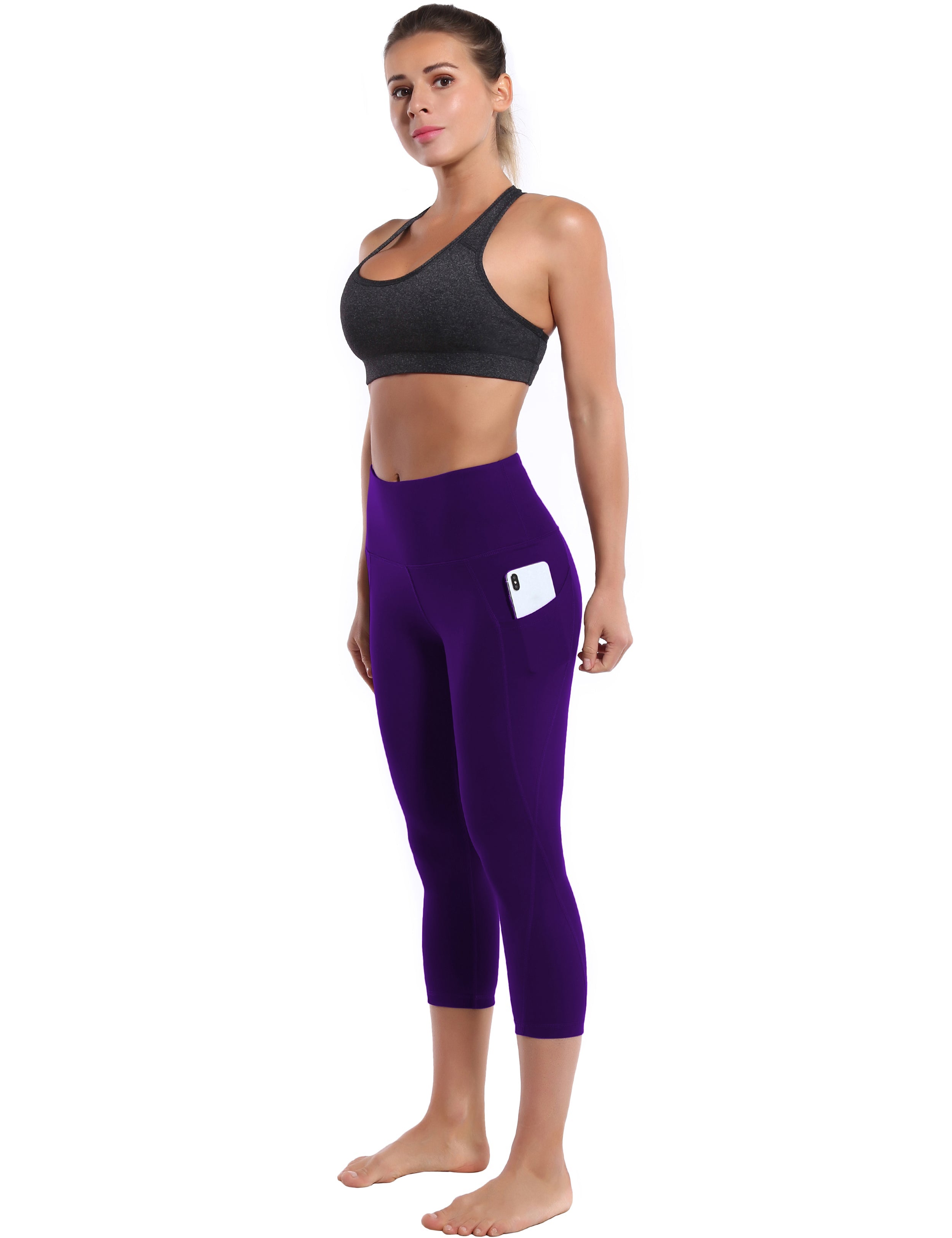 19" High Waist Side Pockets Capris eggplantpurple 75%Nylon/25%Spandex Fabric doesn't attract lint easily 4-way stretch No see-through Moisture-wicking Tummy control Inner pocket