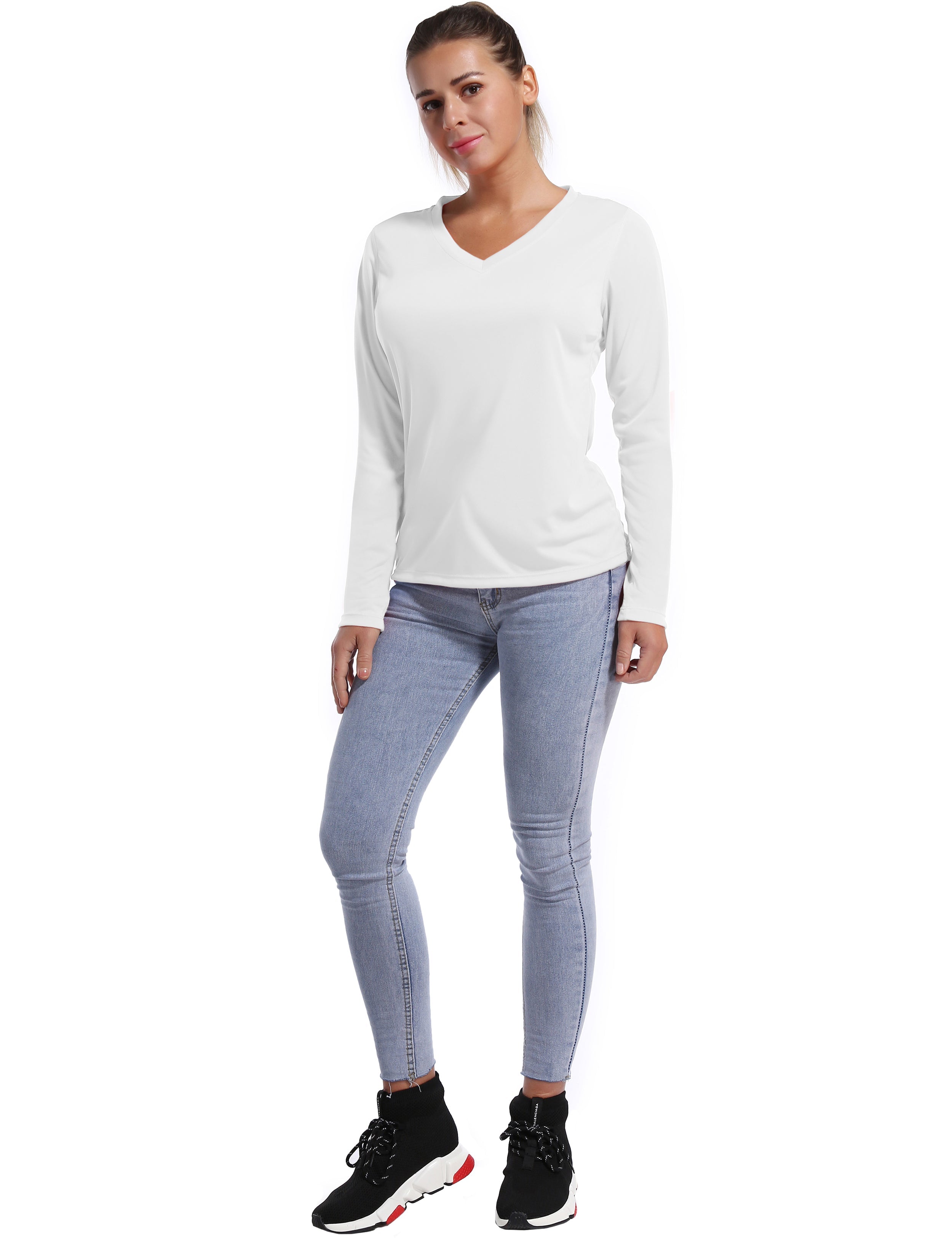 V Neck Long Sleeve Athletic Shirts white_Gym