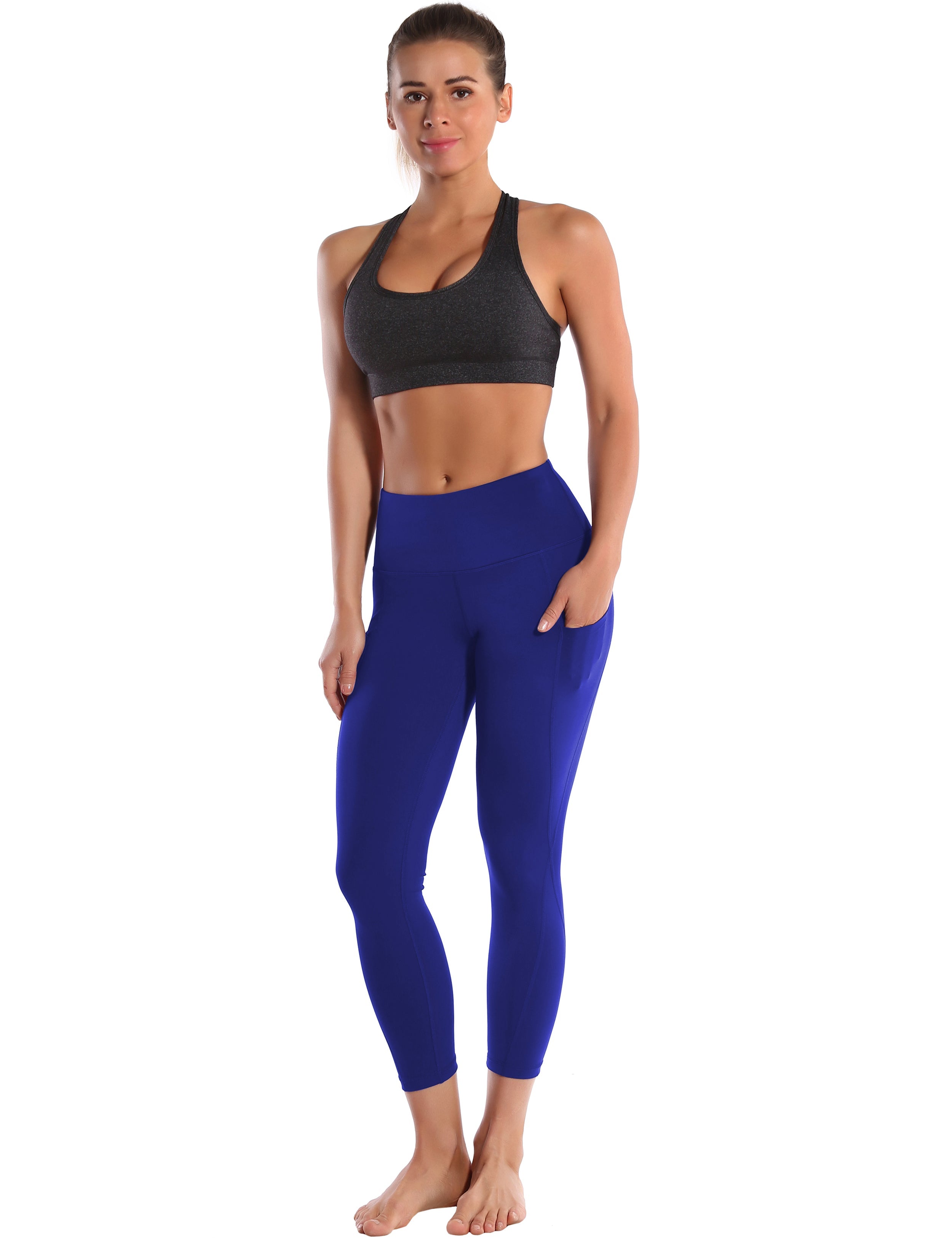 22" High Waist Side Pockets Capris navy 75%Nylon/25%Spandex Fabric doesn't attract lint easily 4-way stretch No see-through Moisture-wicking Tummy control Inner pocket