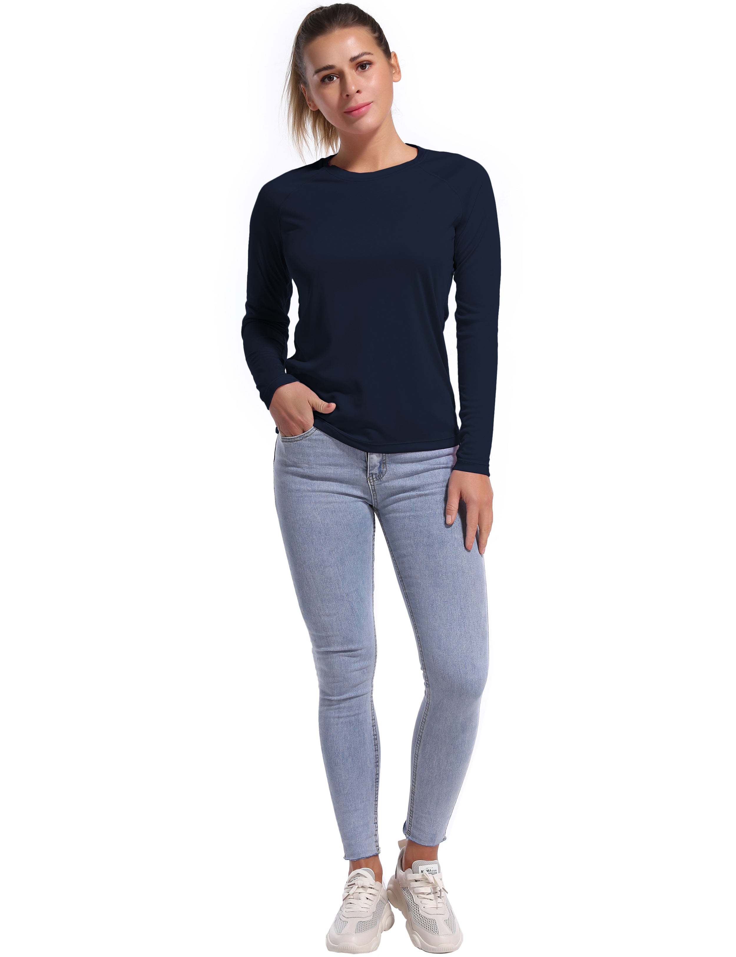 Long Sleeve Athletic Shirts darknavy 100% polyester Lightweight Slim Fit UPF 50+ blocks sun's harmful rays Treated to wick moisture, dries ultra-fast