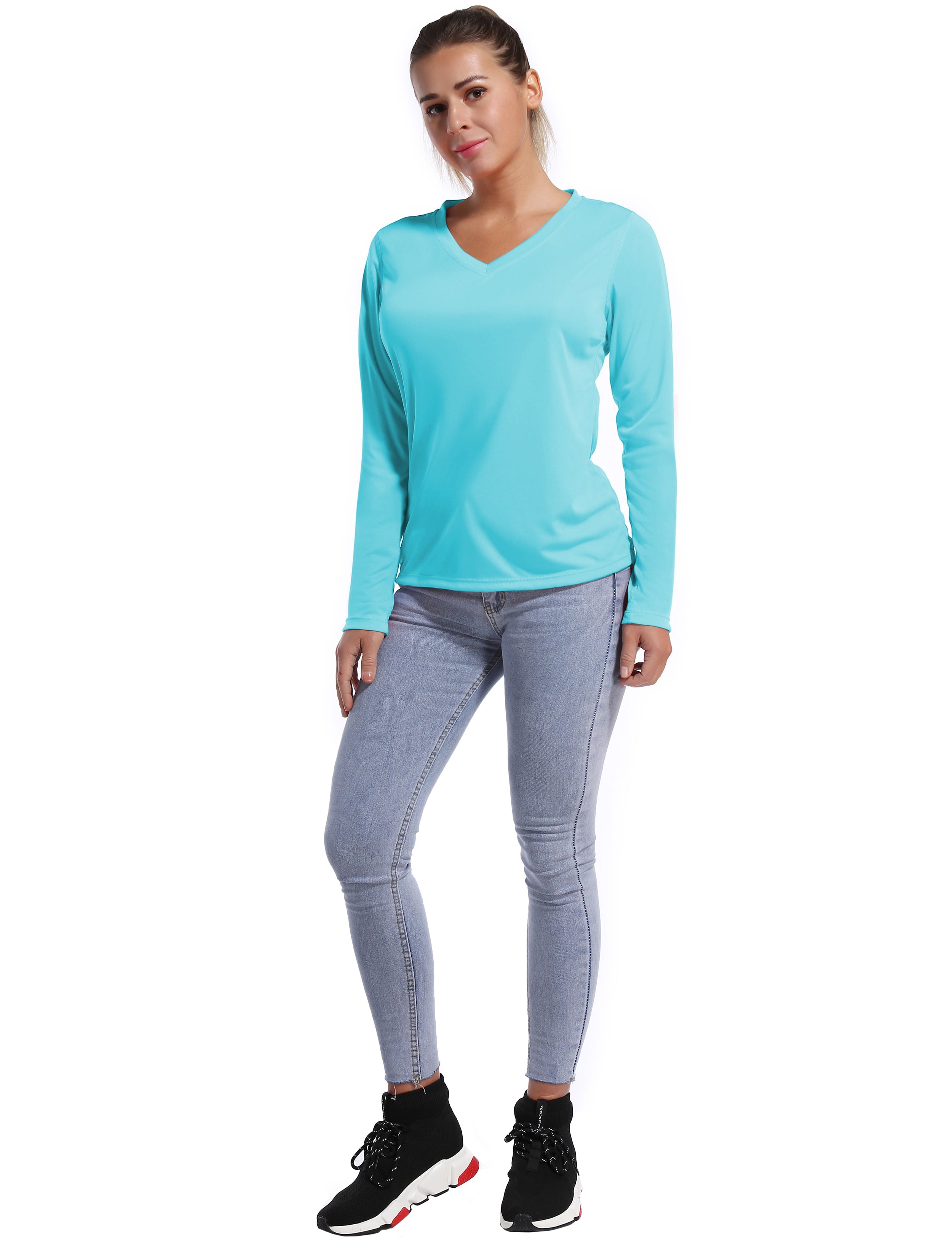 V Neck Long Sleeve Athletic Shirts blue_Gym