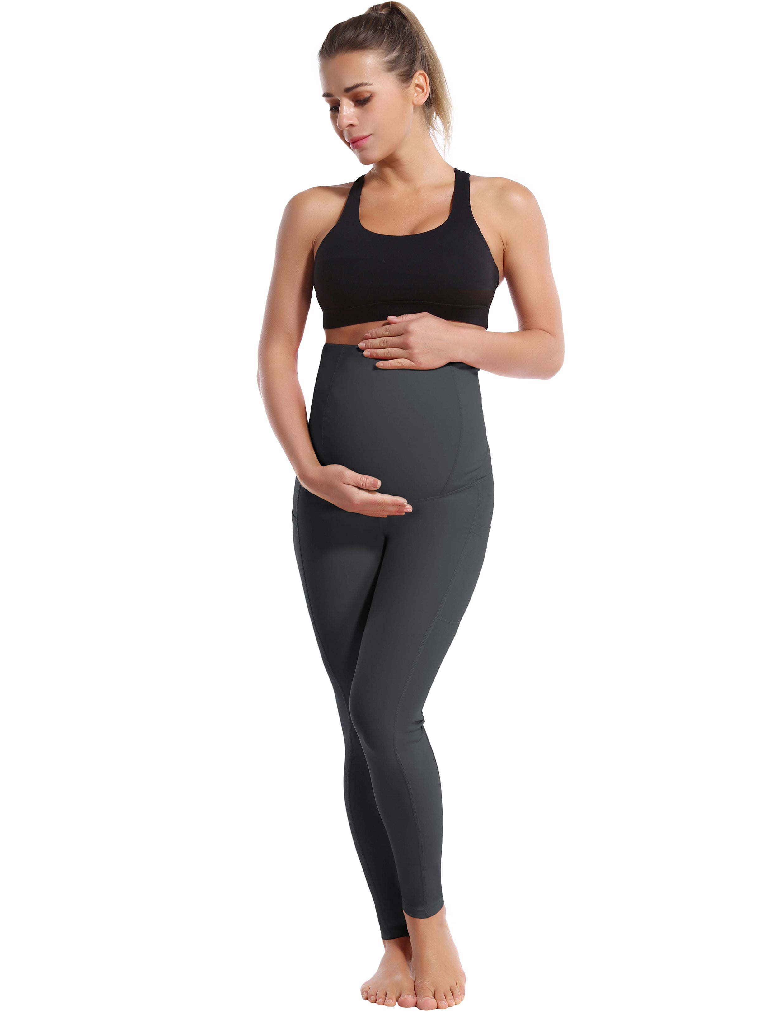 26" Side Pockets Maternity Gym Pants shadowcharcoal 87%Nylon/13%Spandex Softest-ever fabric High elasticity 4-way stretch Fabric doesn't attract lint easily No see-through Moisture-wicking Machine wash