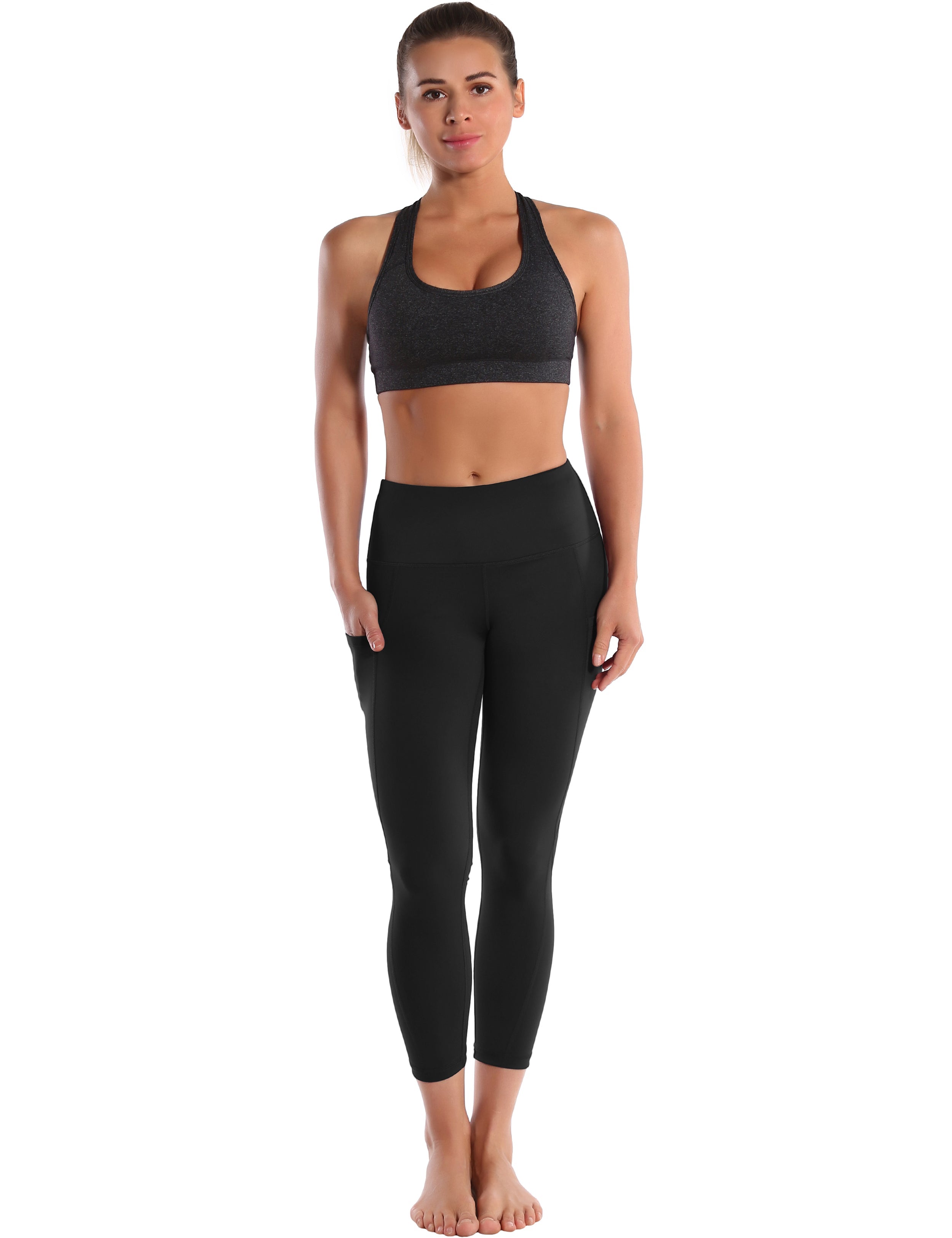 22" High Waist Side Pockets Capris black 75%Nylon/25%Spandex Fabric doesn't attract lint easily 4-way stretch No see-through Moisture-wicking Tummy control Inner pocket