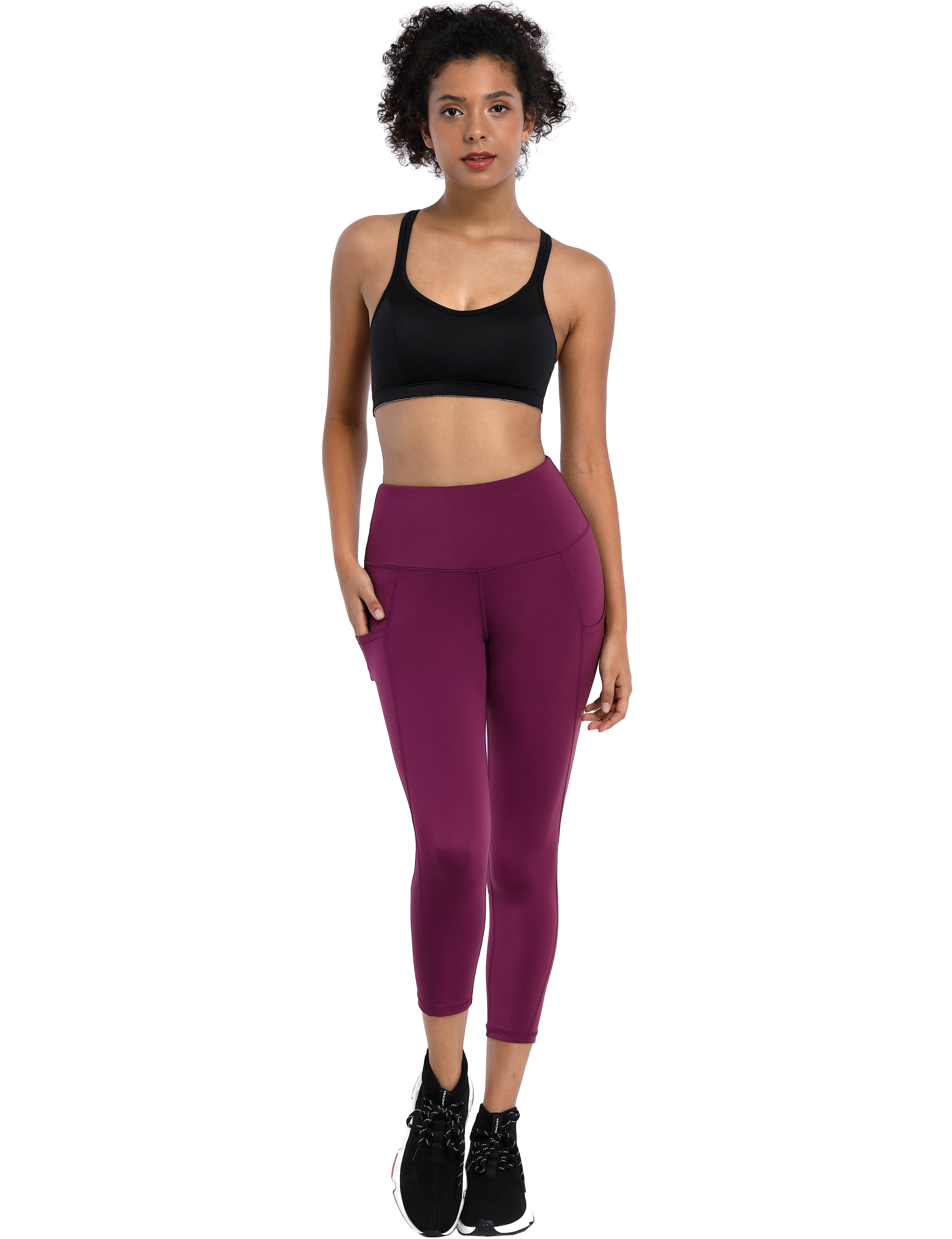 22" High Waist Side Pockets Capris grapevine 75%Nylon/25%Spandex Fabric doesn't attract lint easily 4-way stretch No see-through Moisture-wicking Tummy control Inner pocket