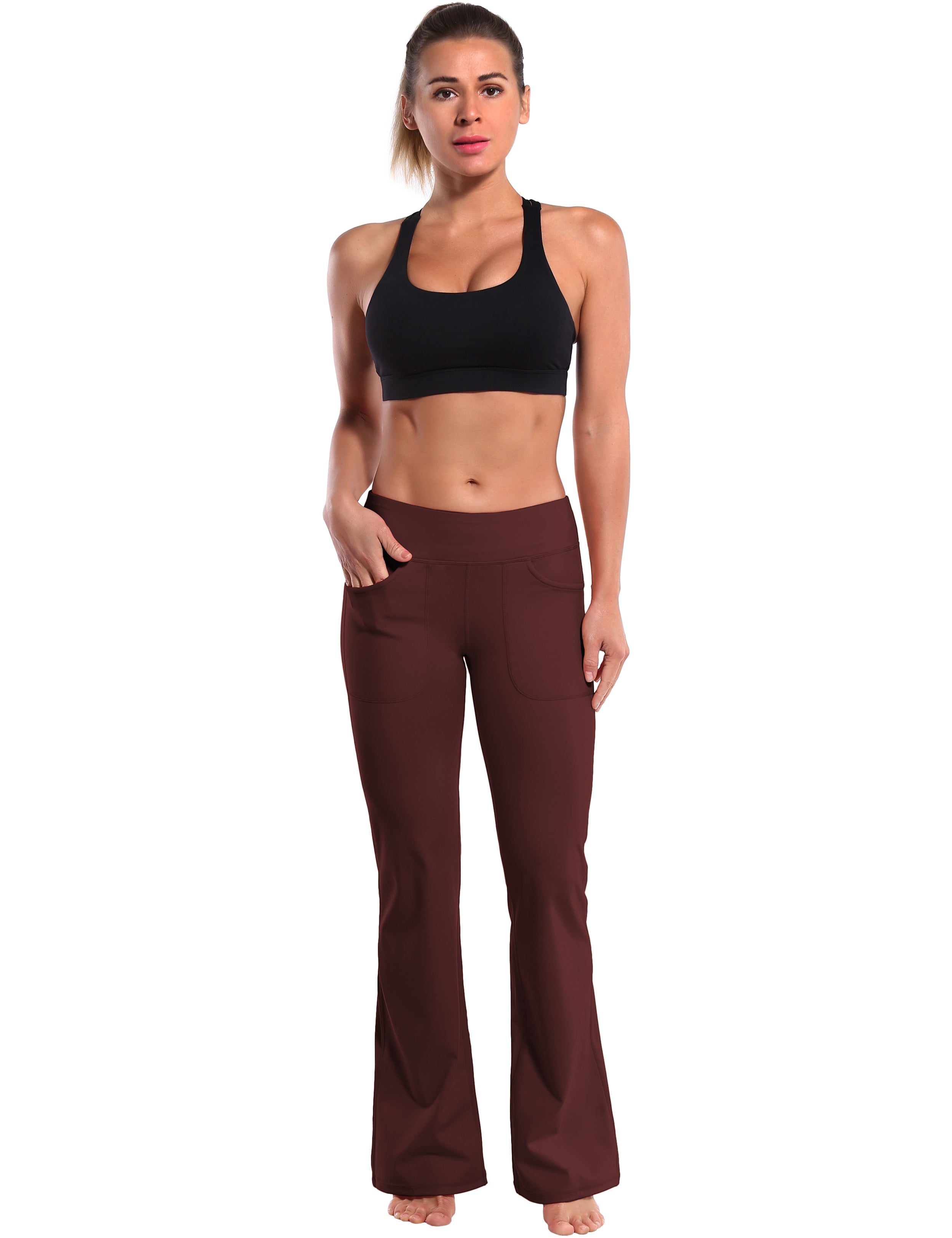 4 Pockets Bootcut Leggings mahoganymaroon 75%Nylon/25%Spandex Fabric doesn't attract lint easily 4-way stretch No see-through Moisture-wicking Inner pocket Four lengths