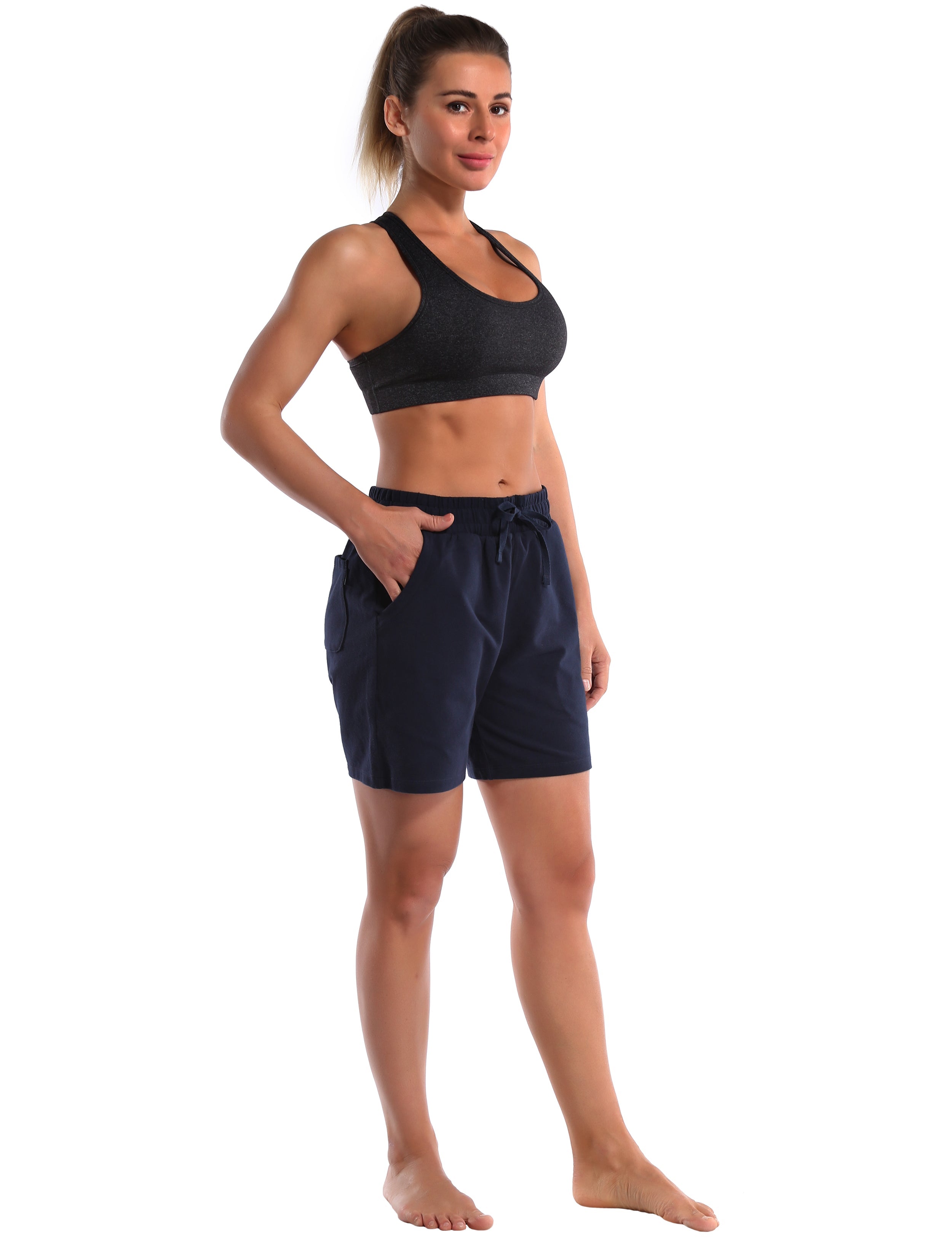 5" Joggers Shorts darknavy 90% Cotton, 10% Spandex Soft and Elastic Drawstring closure Lightweight & breathable fabric wicks away sweat to keep you comfortable Elastic waistband with internal drawcord for a snug, adjustable fit Big side pockets are available for 4.7", 5", 5.5" mobile phone Reflective logo helps you stand out in low light Perfect for any types of outdoor exercises and indoor fitness,like Golf,running,walking,jogging,lounging,workout,gym fitness,casual use,etc
