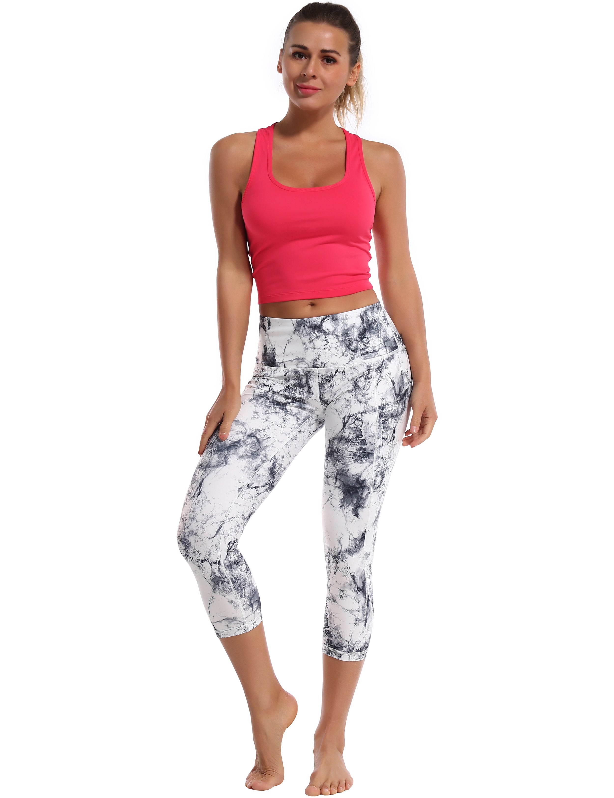 19" High Waist Side Pockets Capris arabescato 75%Nylon/25%Spandex Fabric doesn't attract lint easily 4-way stretch No see-through Moisture-wicking Tummy control Inner pocket