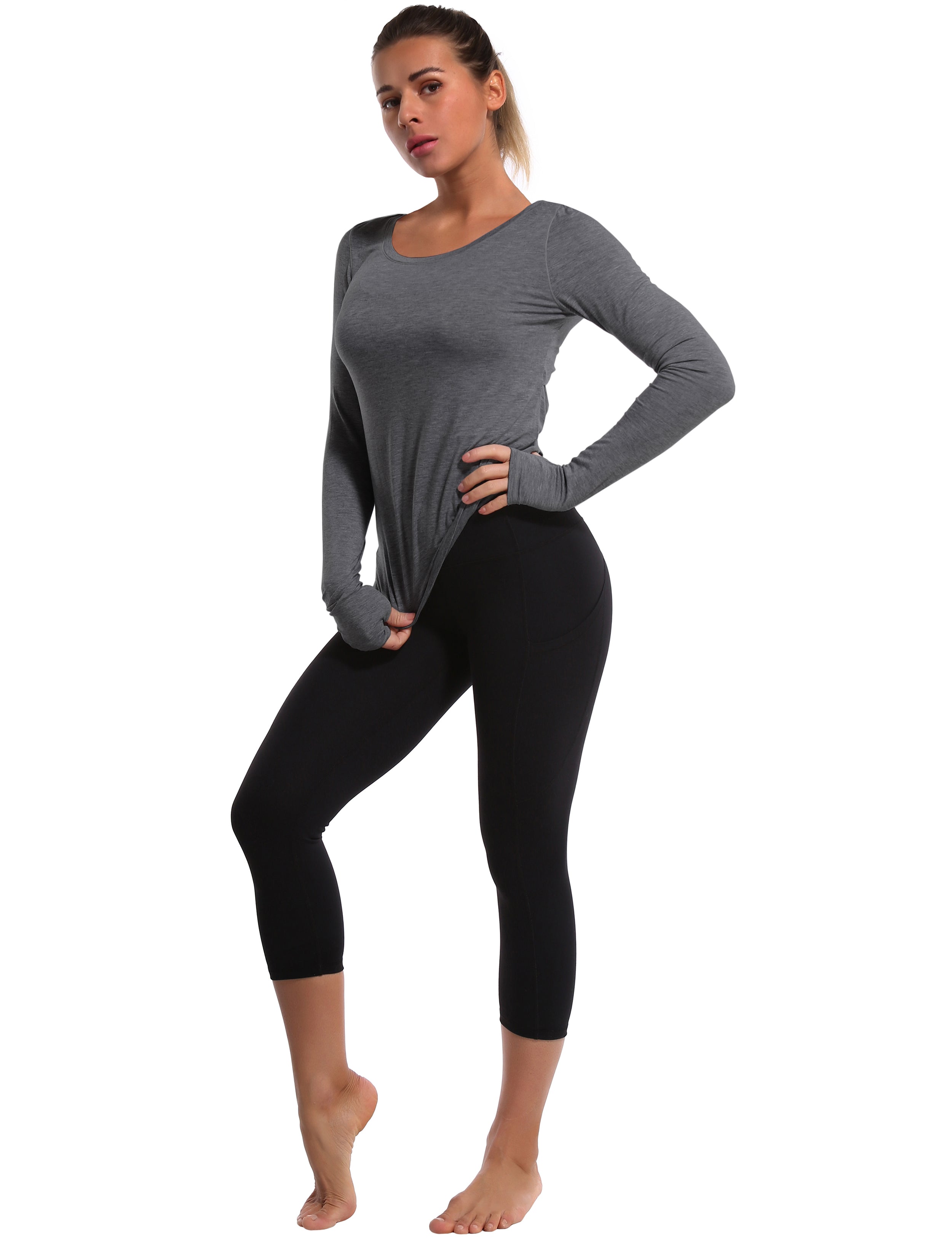 Open Back Long Sleeve Tops heathercharcoal Designed for On the Move Slim fit 93%Modal/7%Spandex Four-way stretch Naturally breathable Super-Soft, Modal Fabric