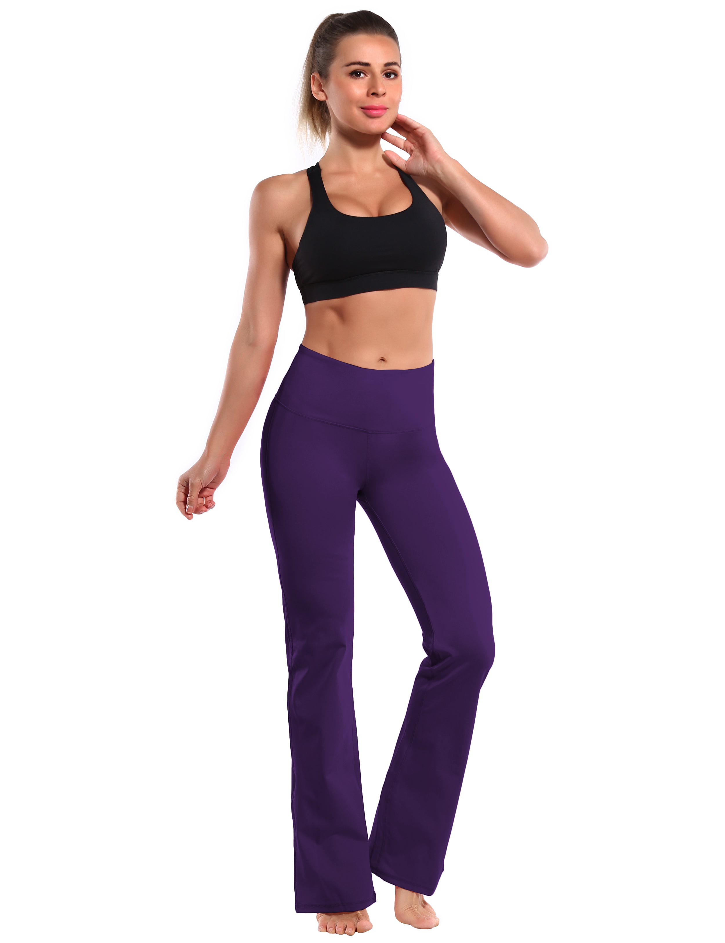 High Waist Bootcut Leggings Eggplantpurple 75%Nylon/25%Spandex Fabric doesn't attract lint easily 4-way stretch No see-through Moisture-wicking Tummy control Inner pocket Five lengths