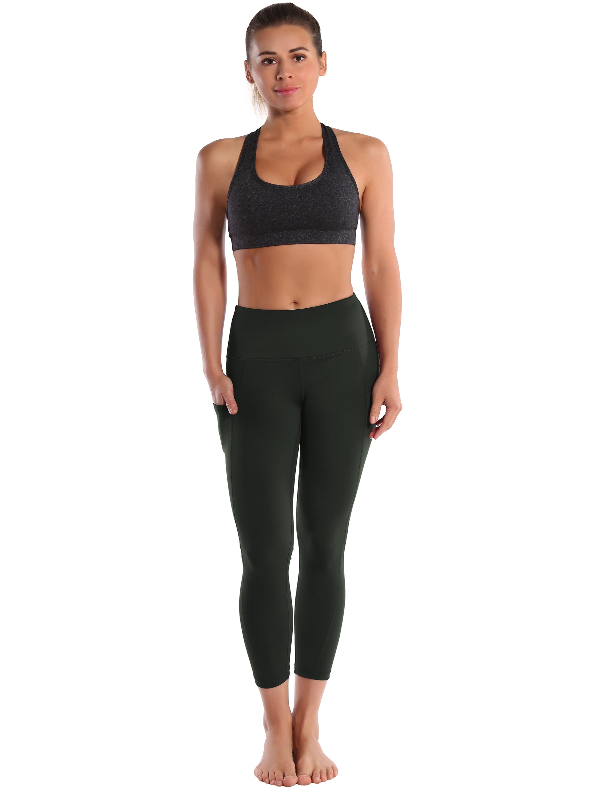 22" High Waist Side Pockets Capris olivegray 75%Nylon/25%Spandex Fabric doesn't attract lint easily 4-way stretch No see-through Moisture-wicking Tummy control Inner pocket