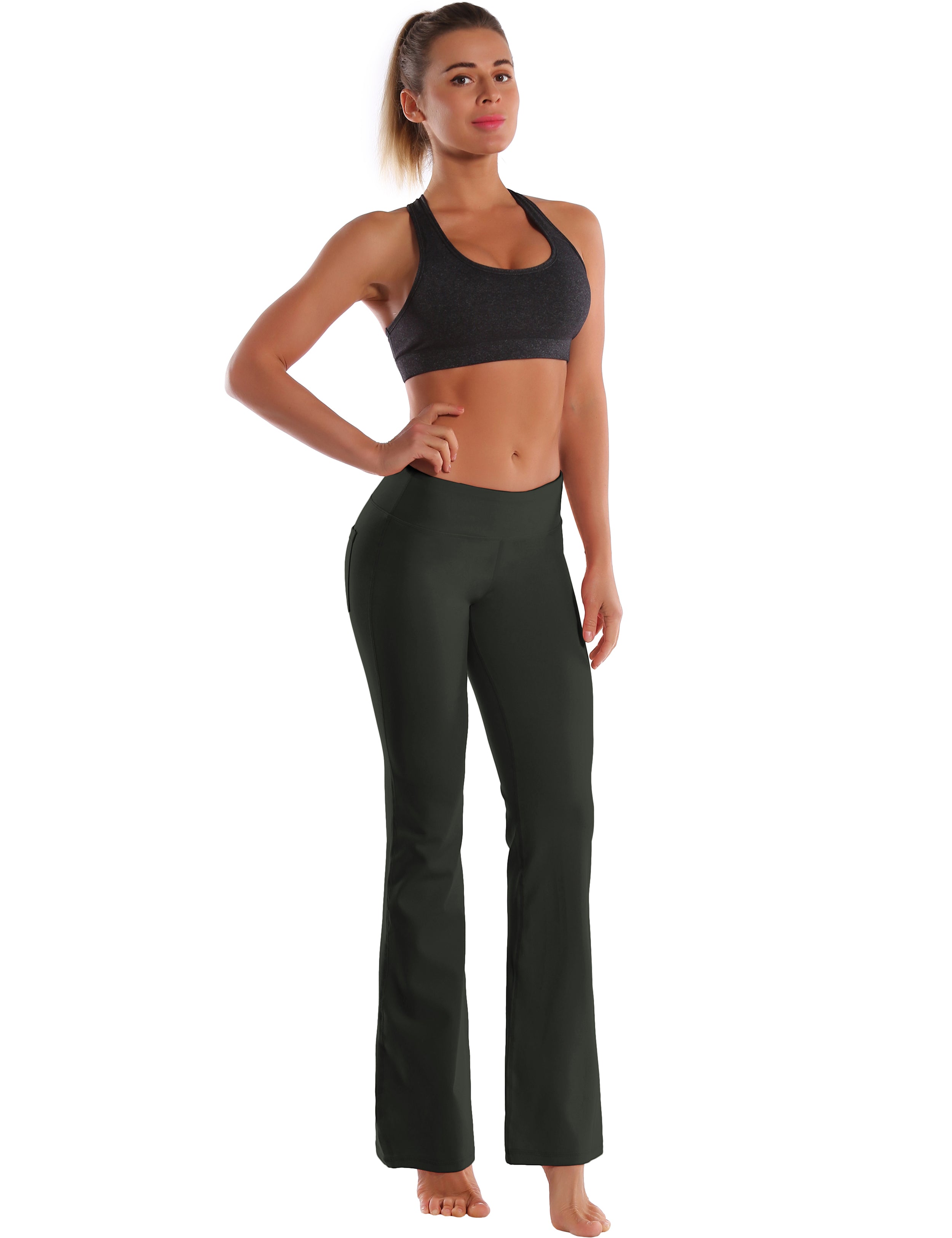 Back Pockets Bootcut Leggings olivegray 87%Nylon/13%Spandex Fabric doesn't attract lint easily 4-way stretch No see-through Moisture-wicking Inner pocket Four lengths